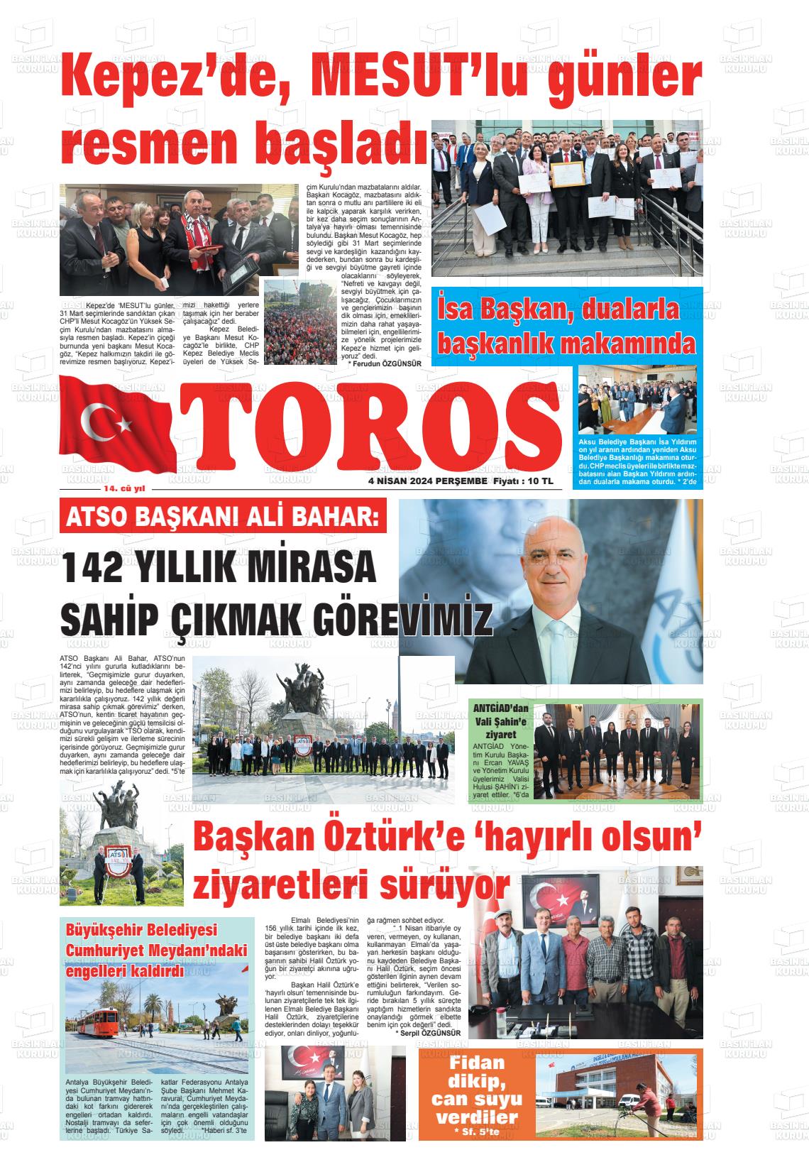 04 Nisan 2024 Antalya Toros Gazete Manşeti