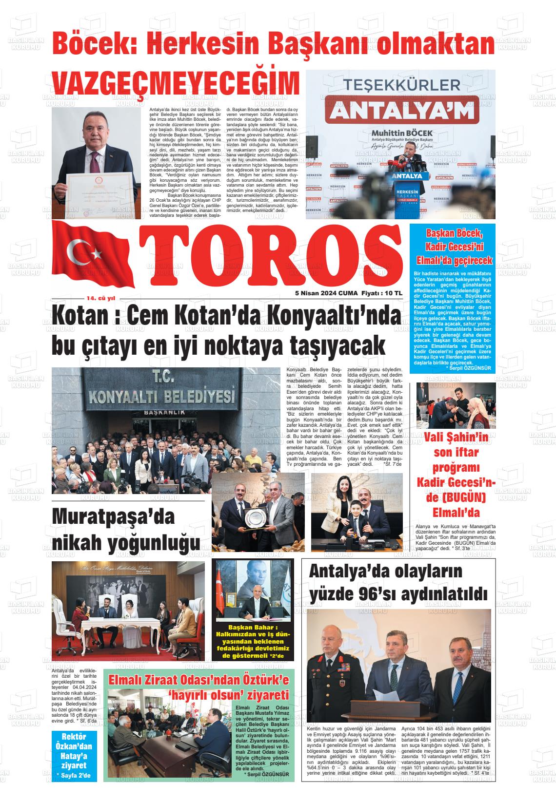 05 Nisan 2024 Antalya Toros Gazete Manşeti