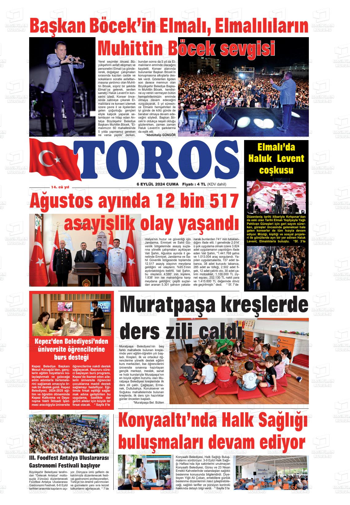 06 Eylül 2024 Antalya Toros Gazete Manşeti