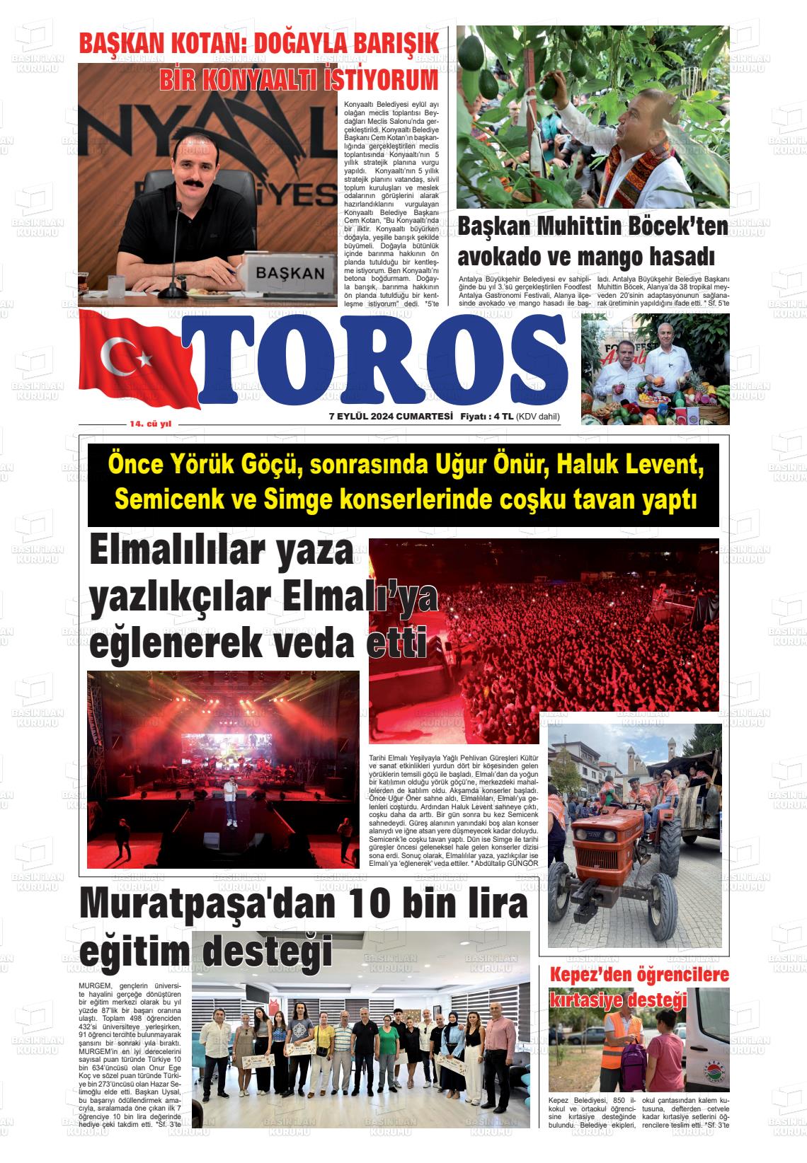 07 Eylül 2024 Antalya Toros Gazete Manşeti