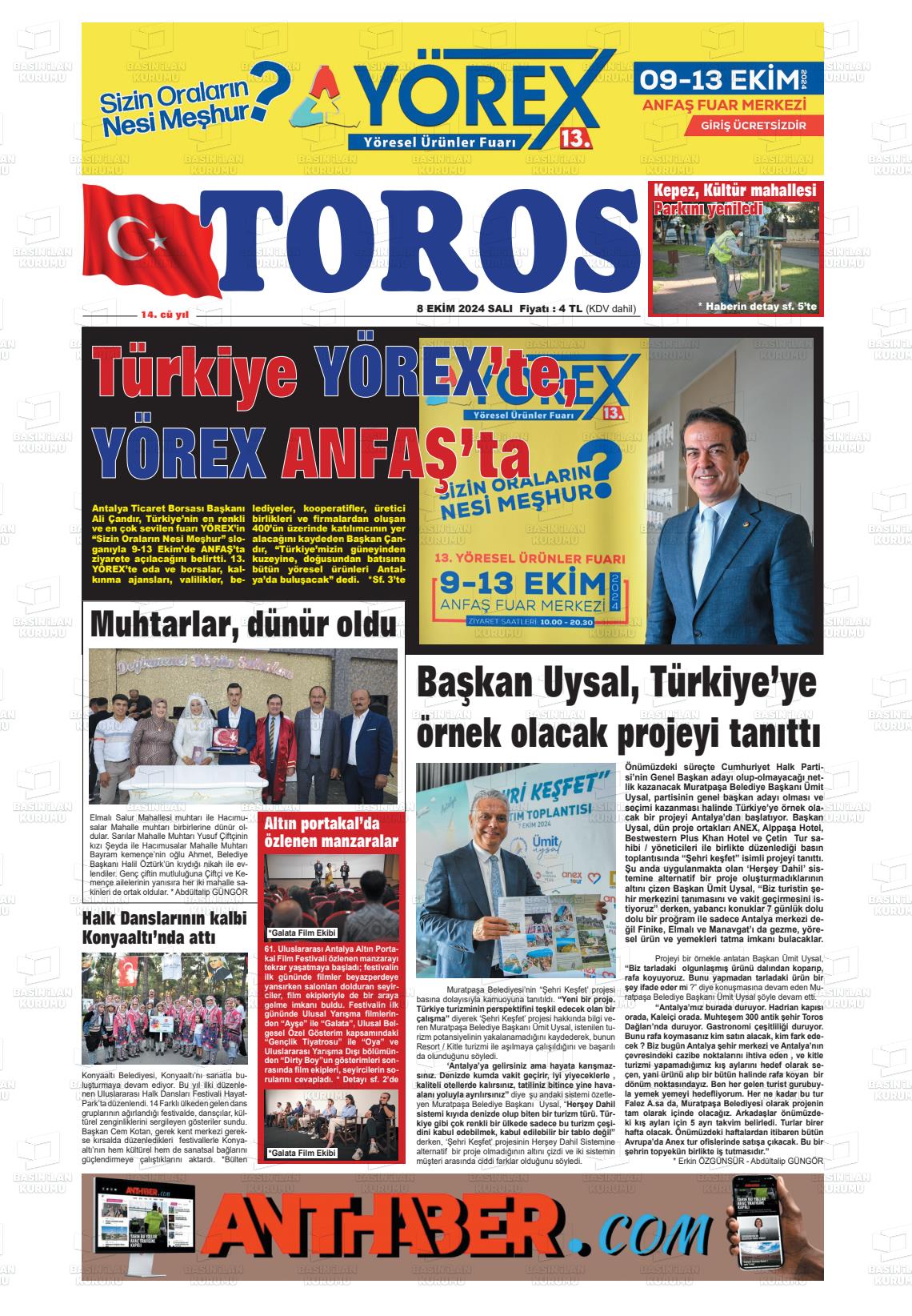 08 Ekim 2024 Antalya Toros Gazete Manşeti