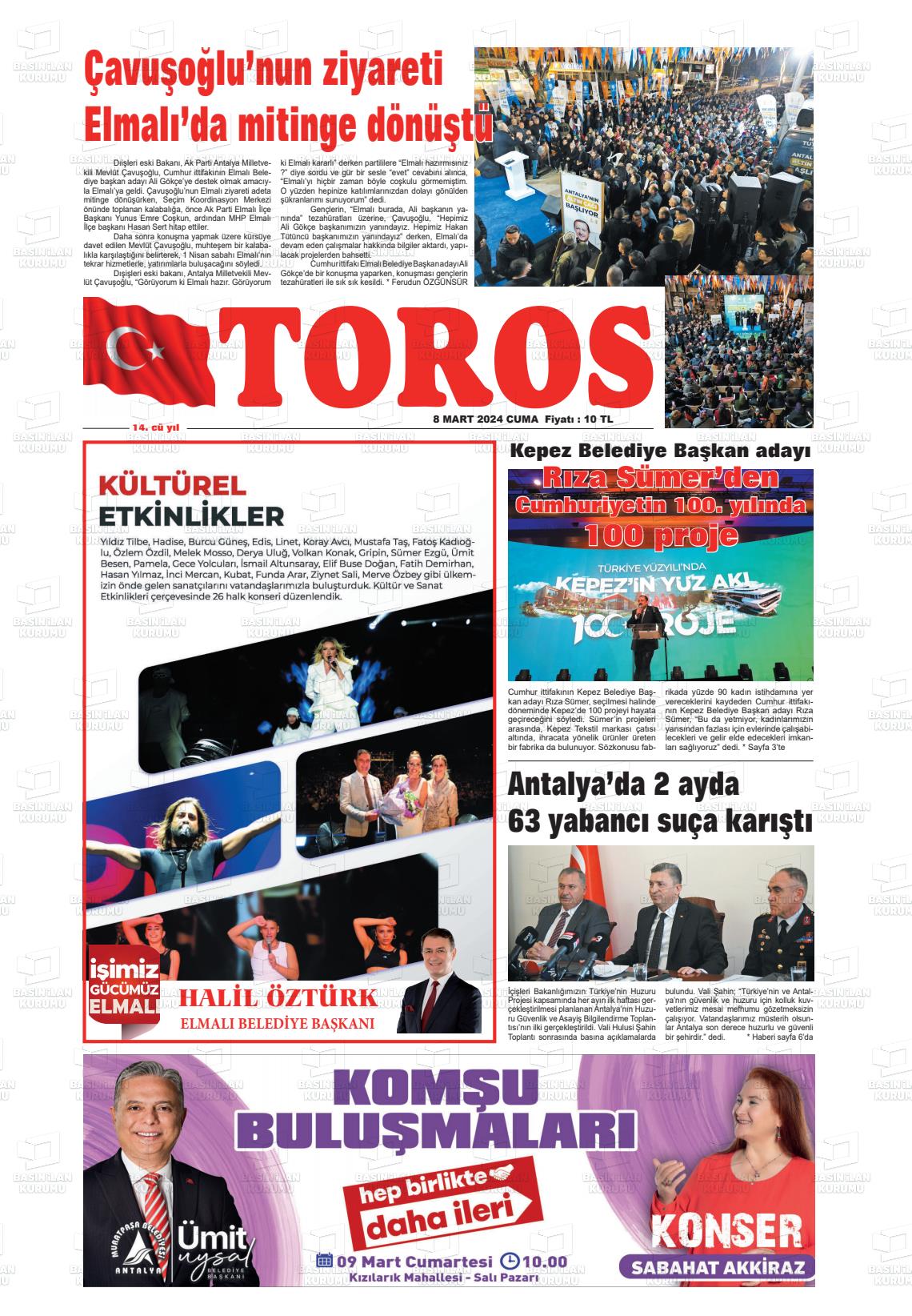 08 Mart 2024 Antalya Toros Gazete Manşeti