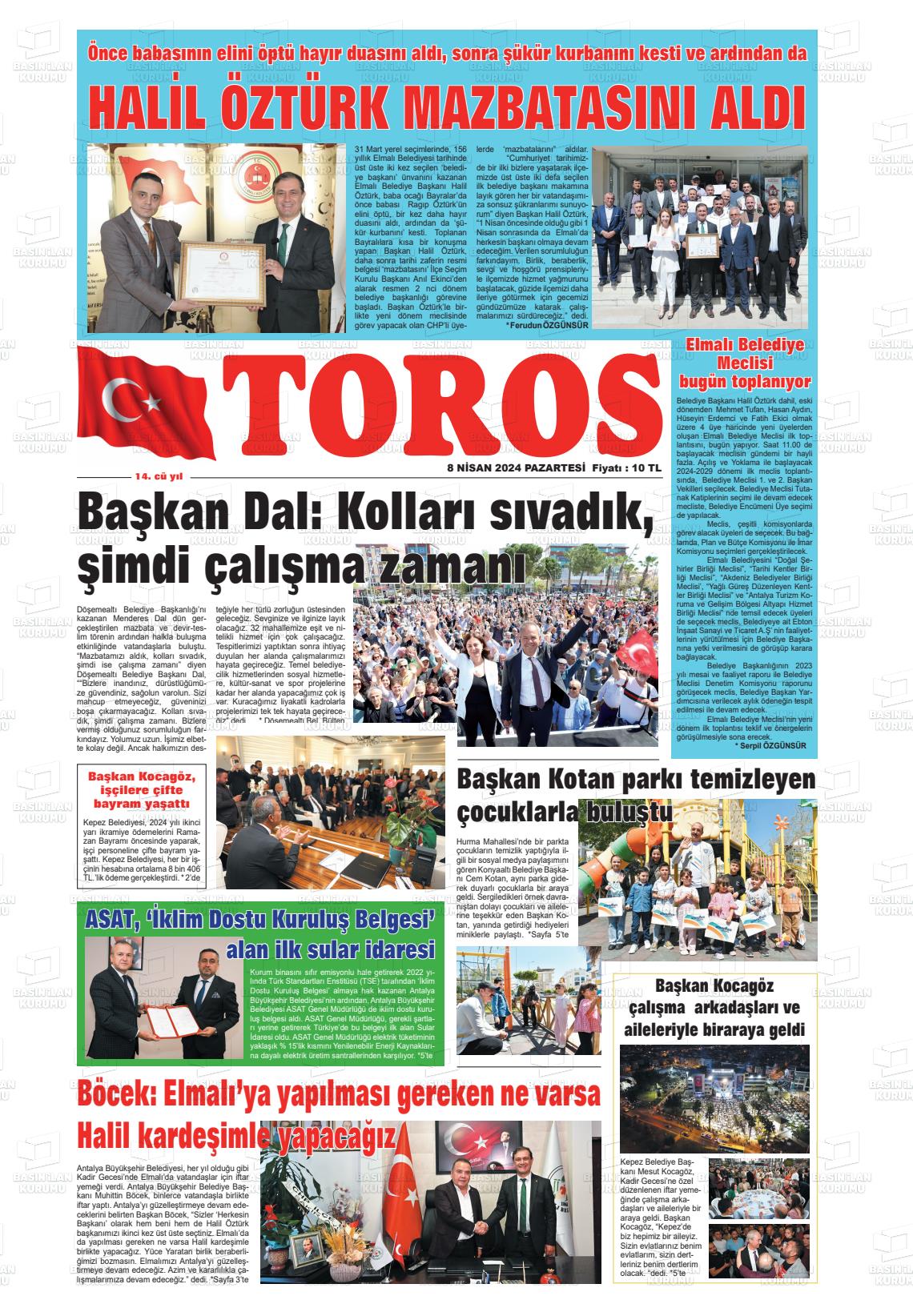 08 Nisan 2024 Antalya Toros Gazete Manşeti