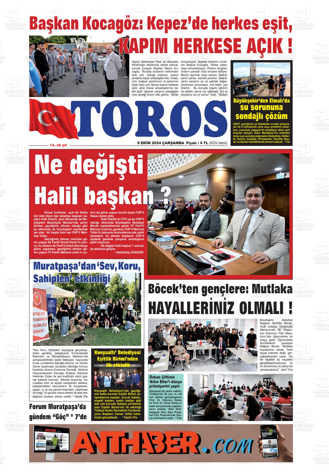 09 Ekim 2024 Antalya Toros Gazete Manşeti