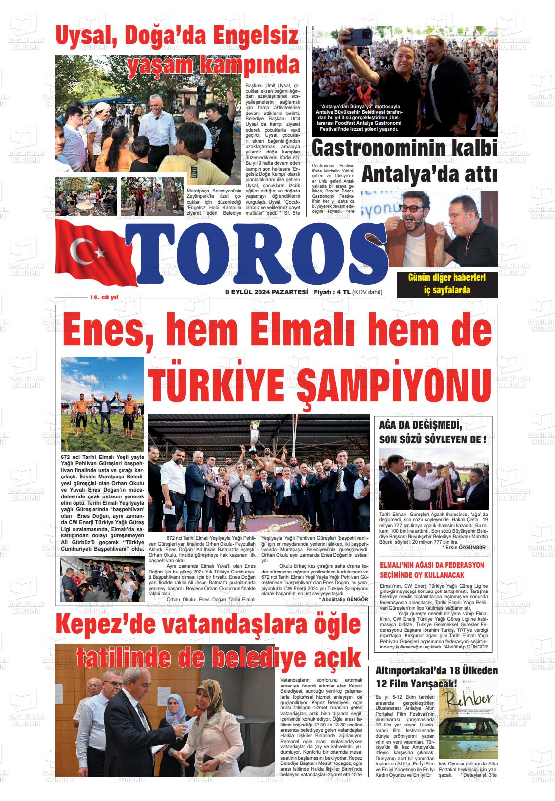 09 Eylül 2024 Antalya Toros Gazete Manşeti