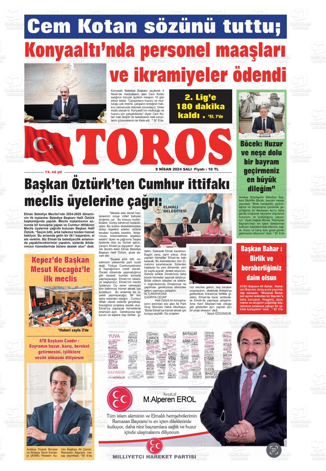 09 Nisan 2024 Antalya Toros Gazete Manşeti