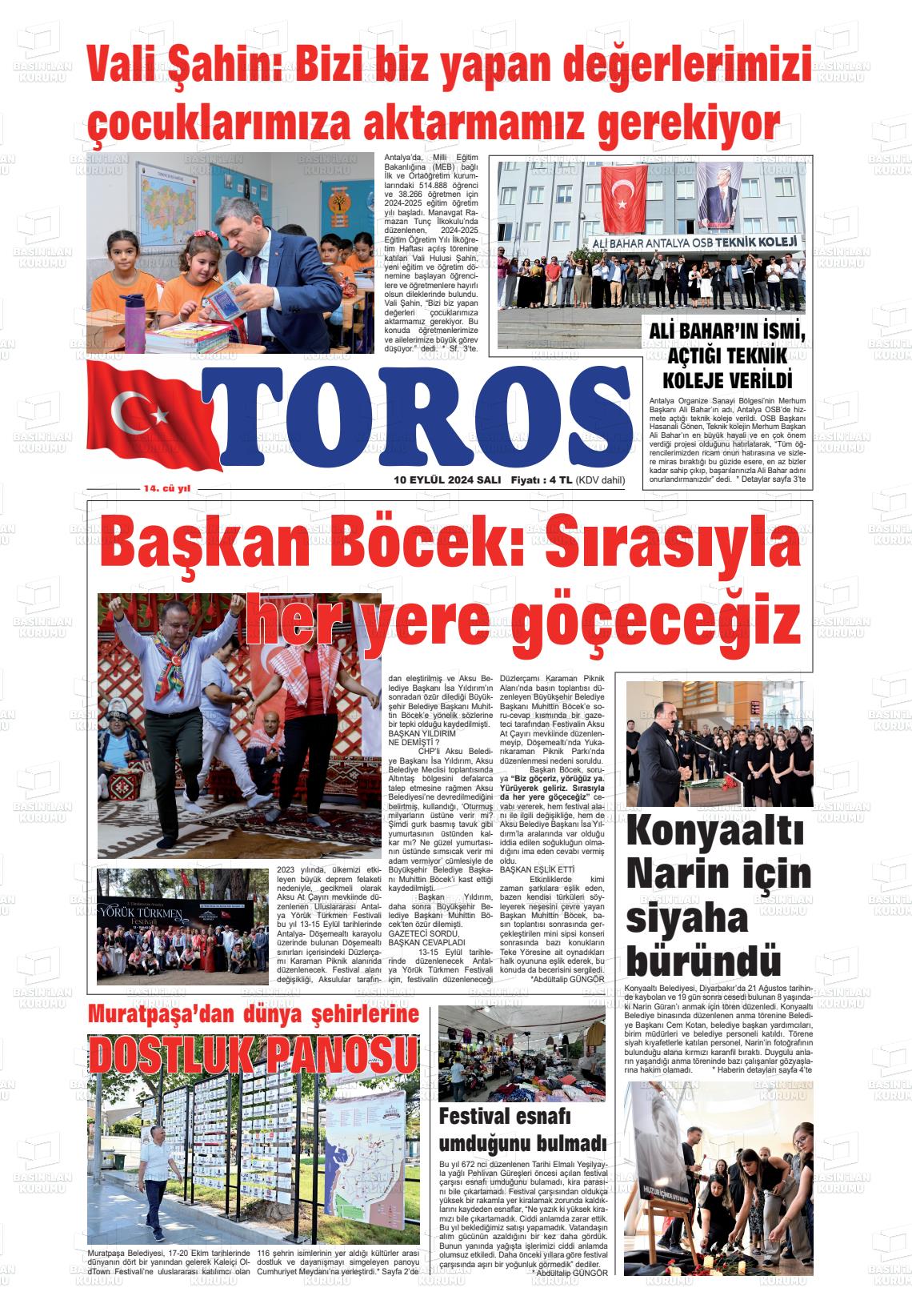 10 Eylül 2024 Antalya Toros Gazete Manşeti