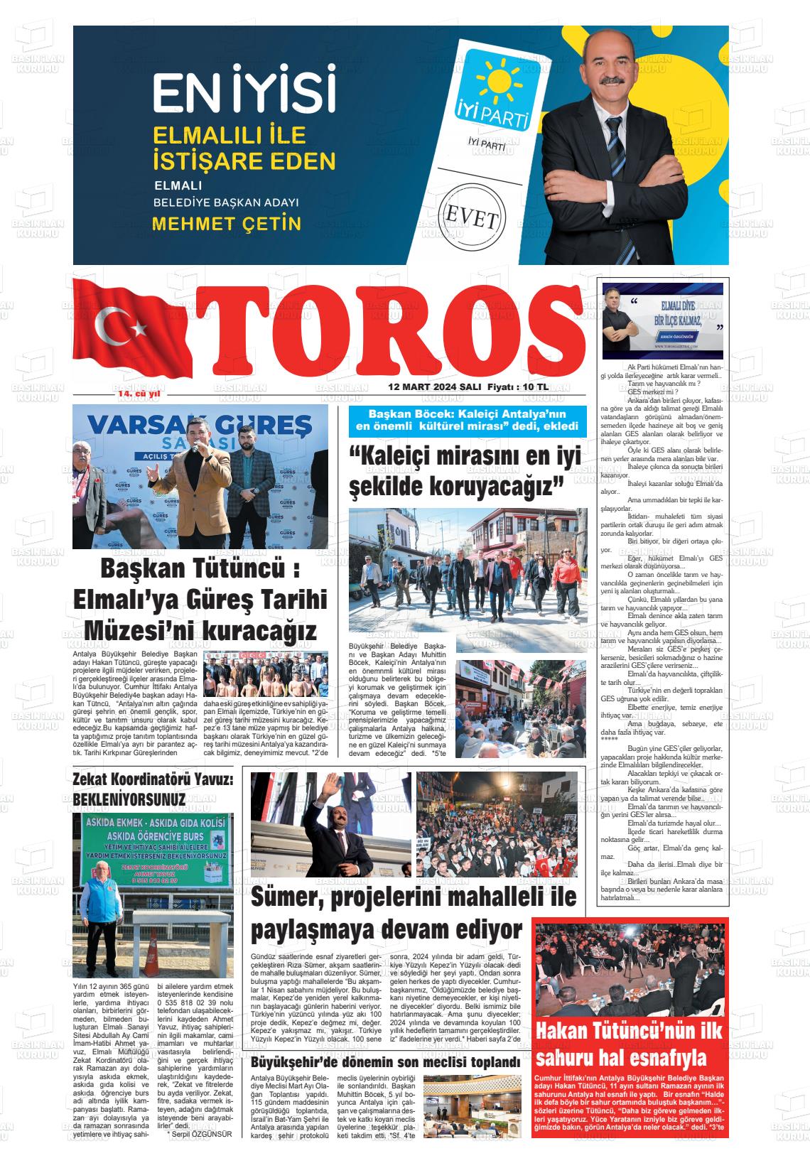 12 Mart 2024 Antalya Toros Gazete Manşeti