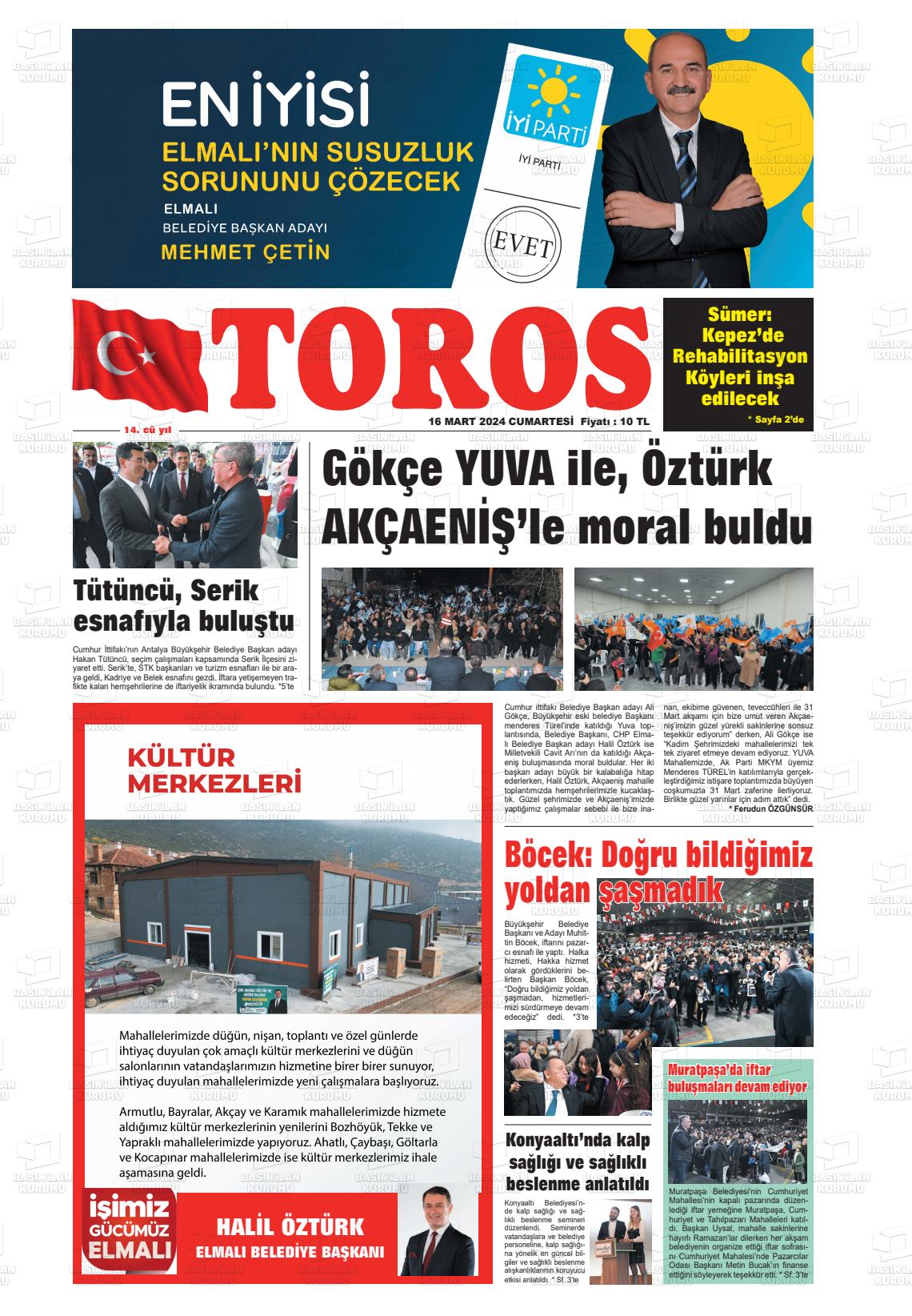 16 Mart 2024 Antalya Toros Gazete Manşeti