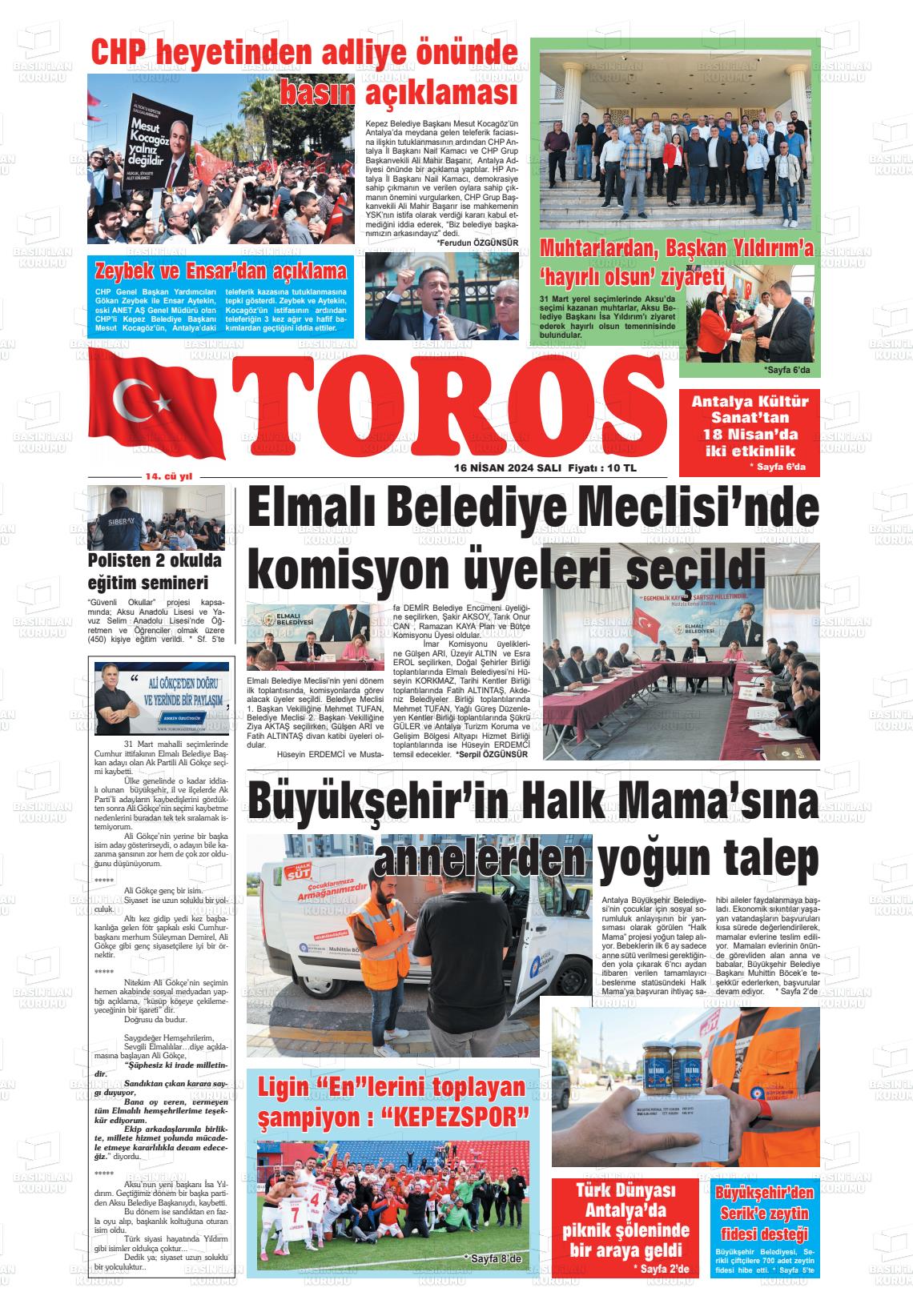 16 Nisan 2024 Antalya Toros Gazete Manşeti