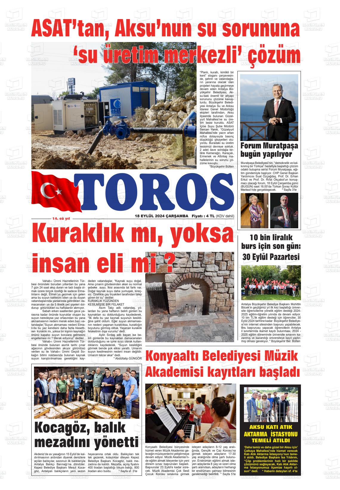 18 Eylül 2024 Antalya Toros Gazete Manşeti