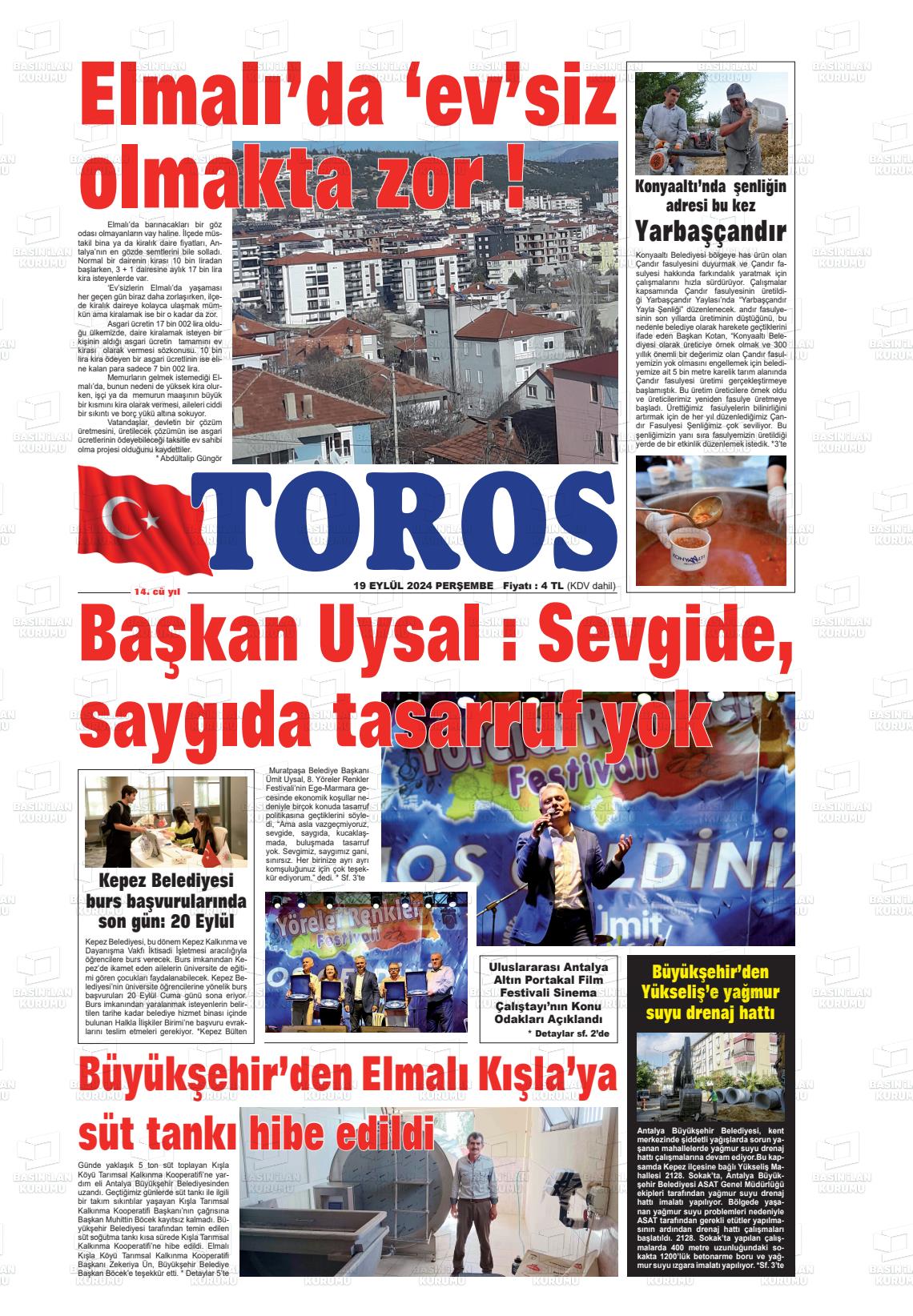 19 Eylül 2024 Antalya Toros Gazete Manşeti