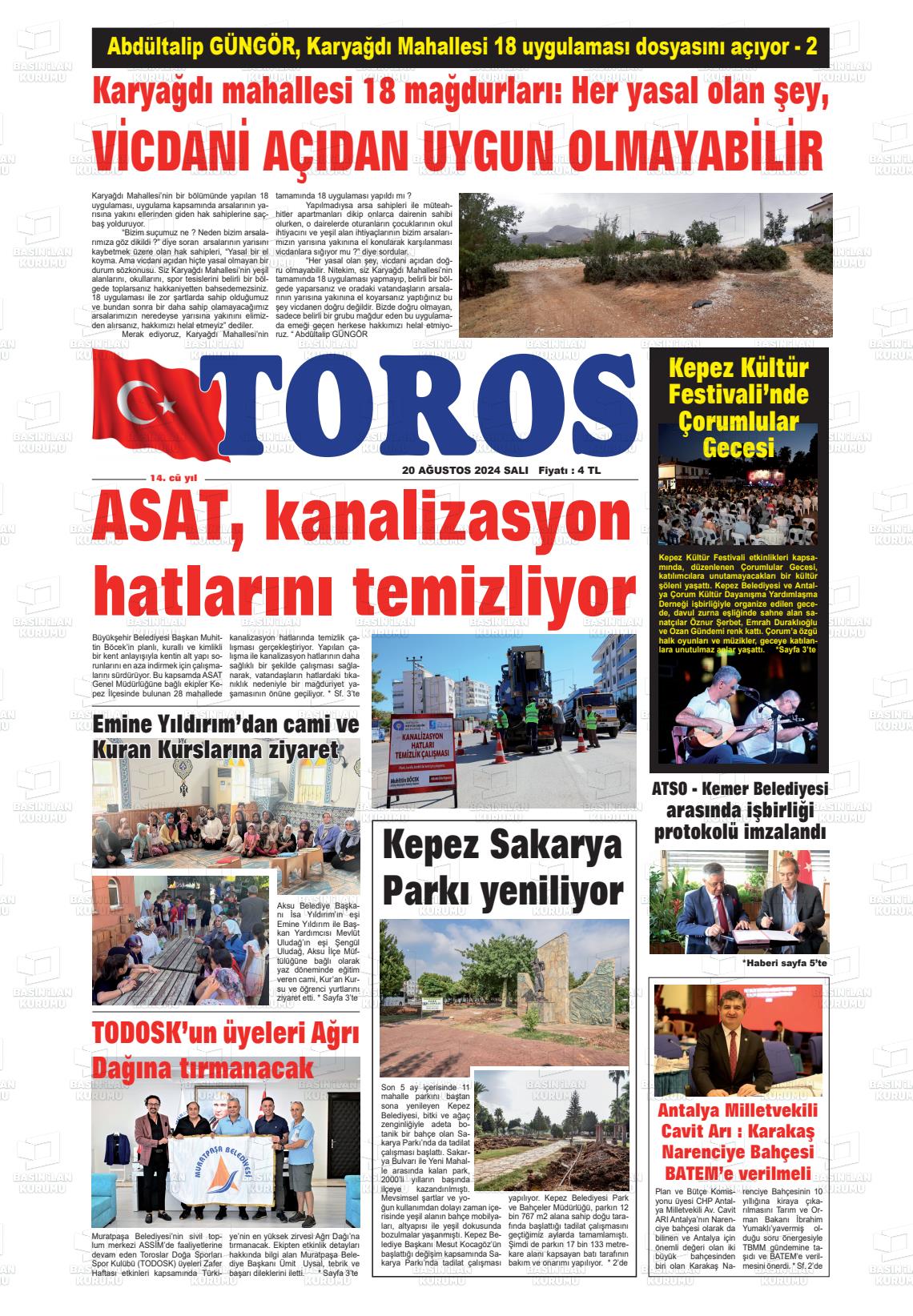 20 Ağustos 2024 Antalya Toros Gazete Manşeti