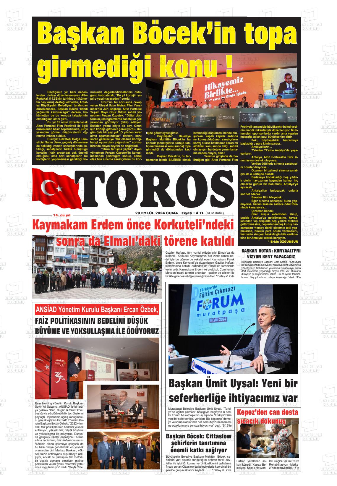 20 Eylül 2024 Antalya Toros Gazete Manşeti