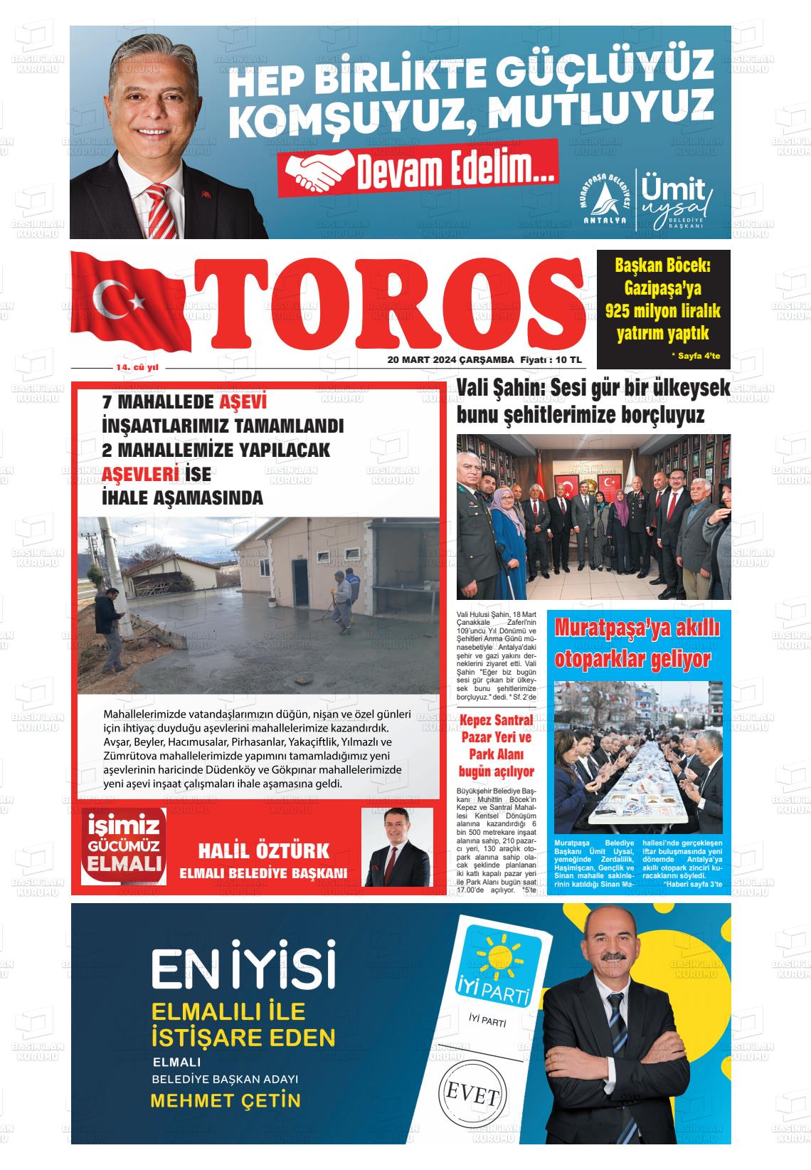 20 Mart 2024 Antalya Toros Gazete Manşeti