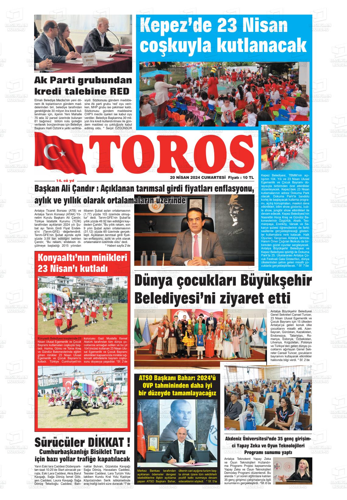 20 Nisan 2024 Antalya Toros Gazete Manşeti