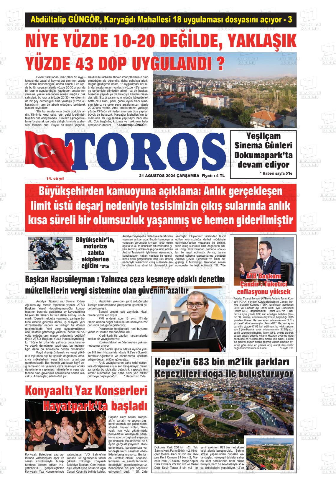 21 Ağustos 2024 Antalya Toros Gazete Manşeti