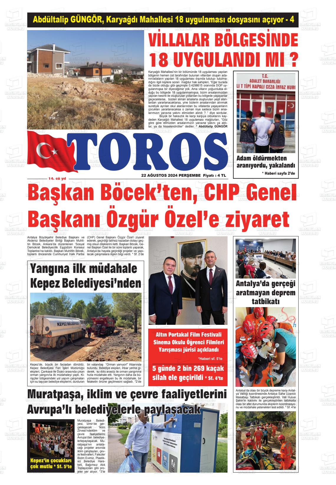 22 Ağustos 2024 Antalya Toros Gazete Manşeti