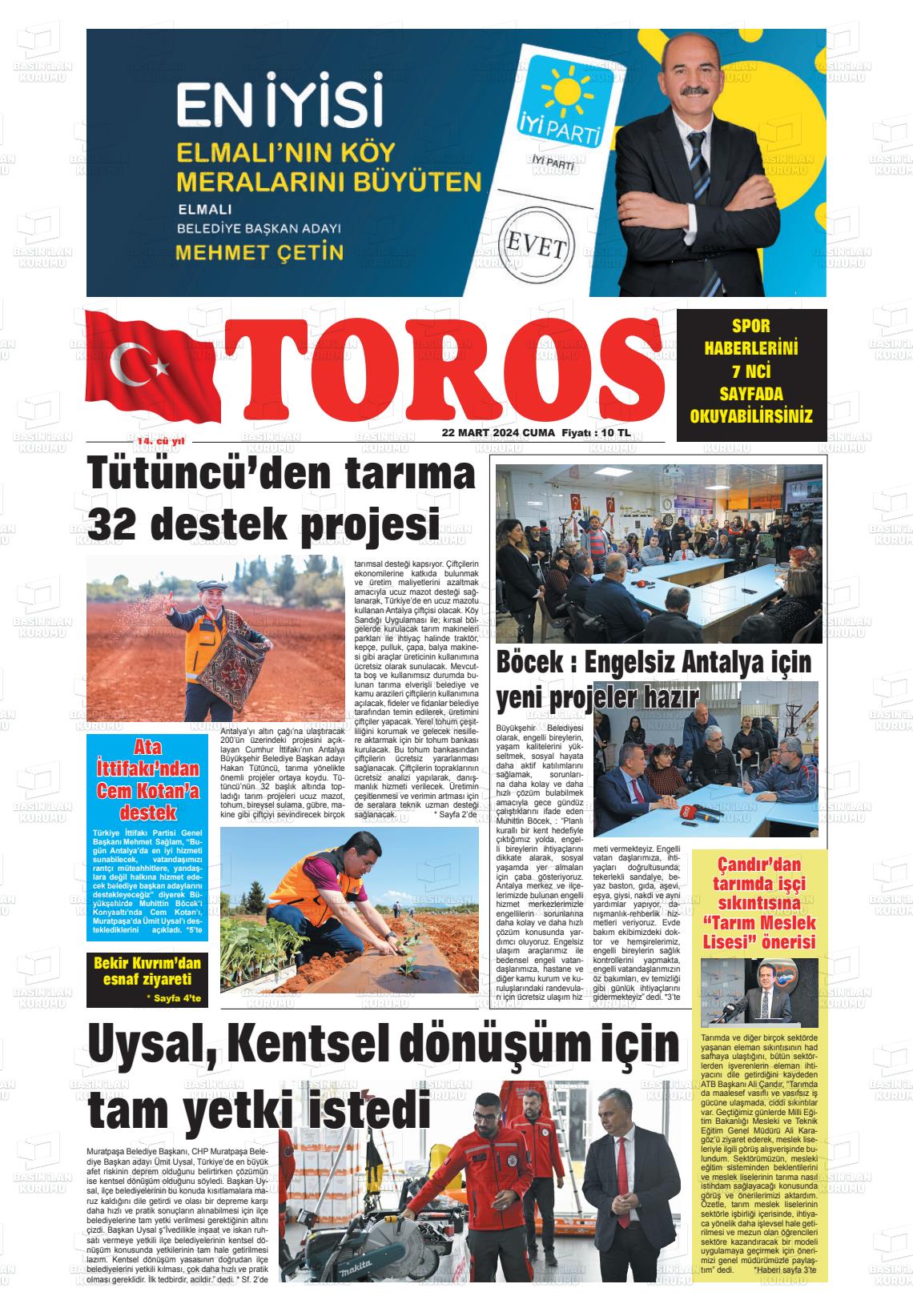 22 Mart 2024 Antalya Toros Gazete Manşeti