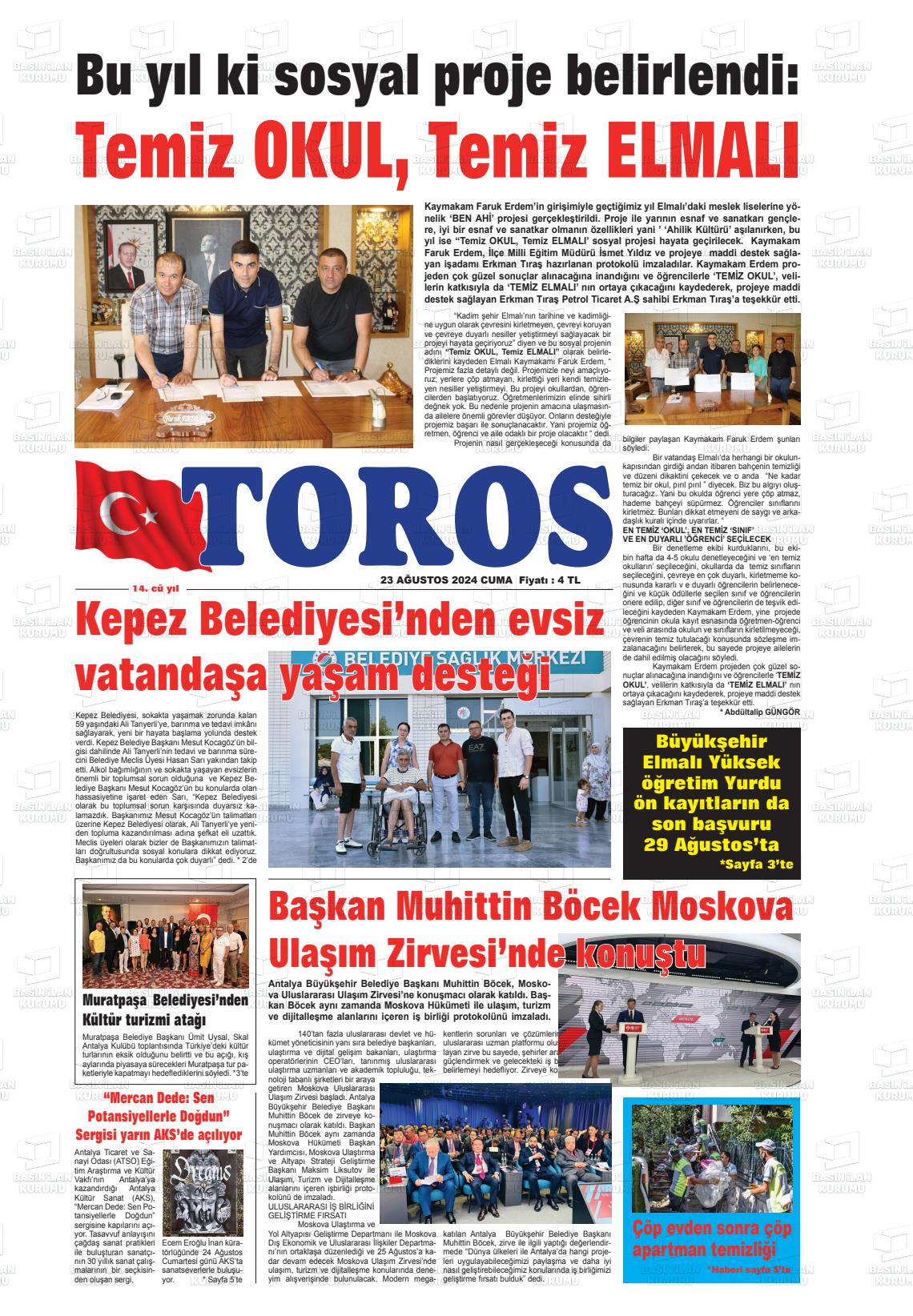 23 Ağustos 2024 Antalya Toros Gazete Manşeti