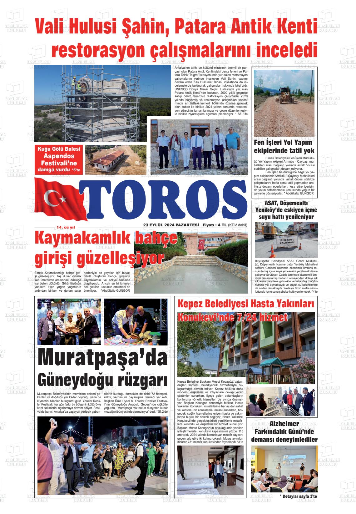 23 Eylül 2024 Antalya Toros Gazete Manşeti