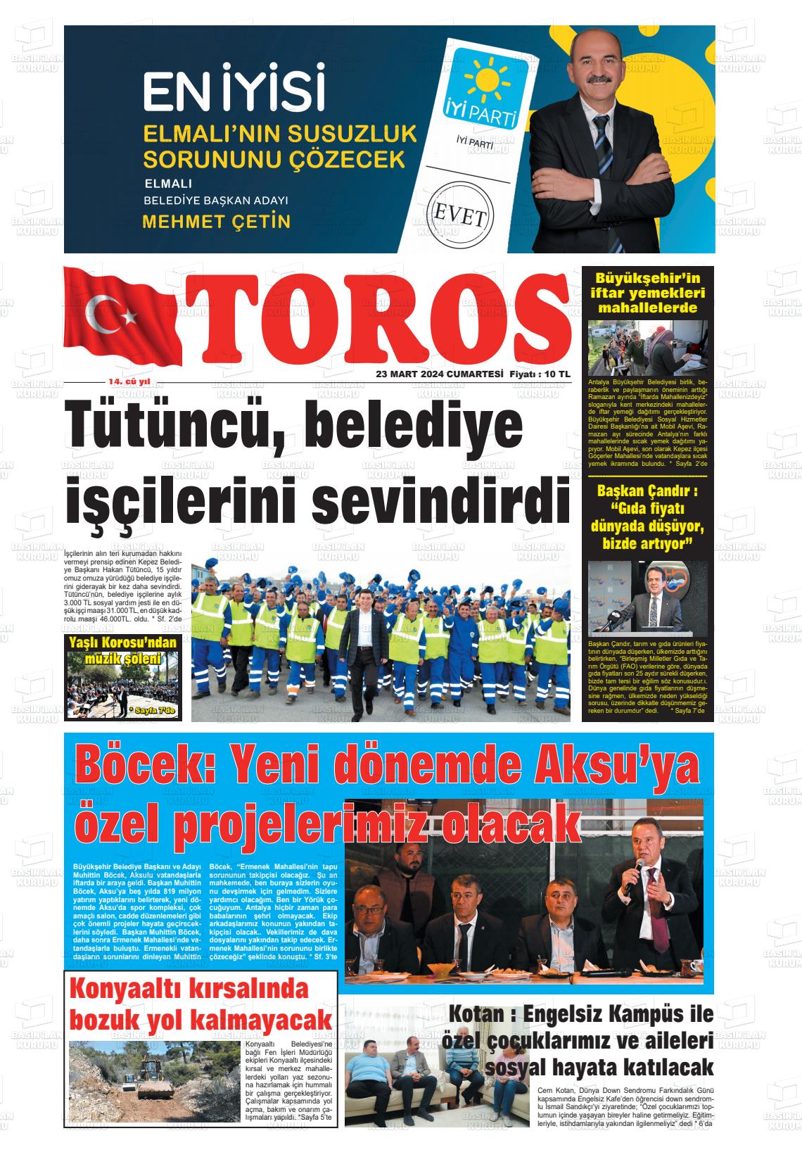 23 Mart 2024 Antalya Toros Gazete Manşeti