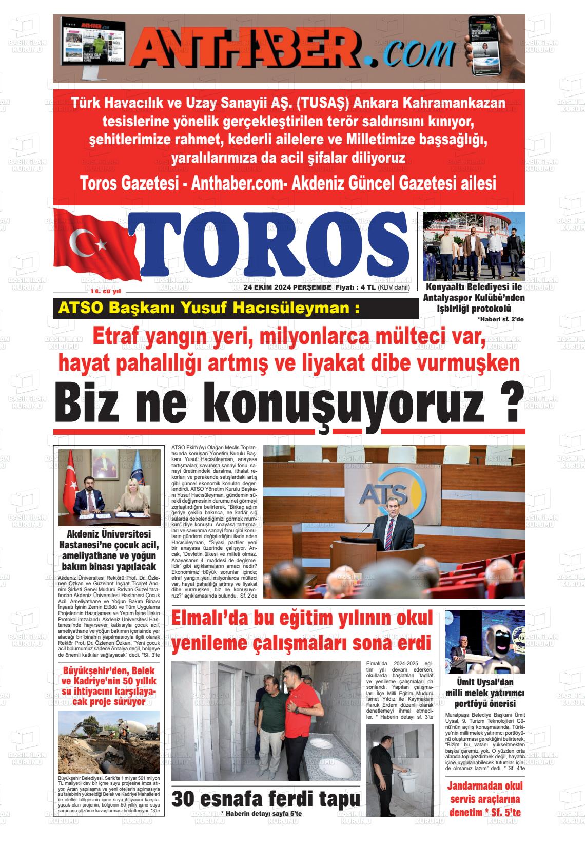 24 Ekim 2024 Antalya Toros Gazete Manşeti