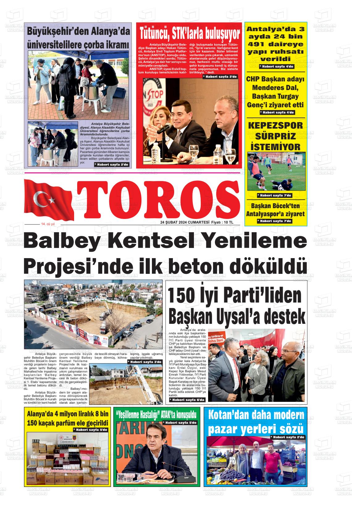 24 Şubat 2024 Antalya Toros Gazete Manşeti