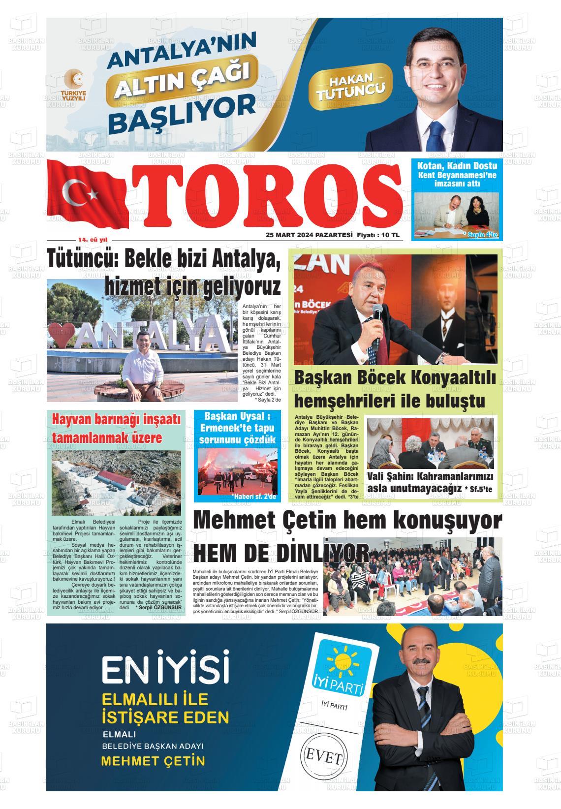 25 Mart 2024 Antalya Toros Gazete Manşeti