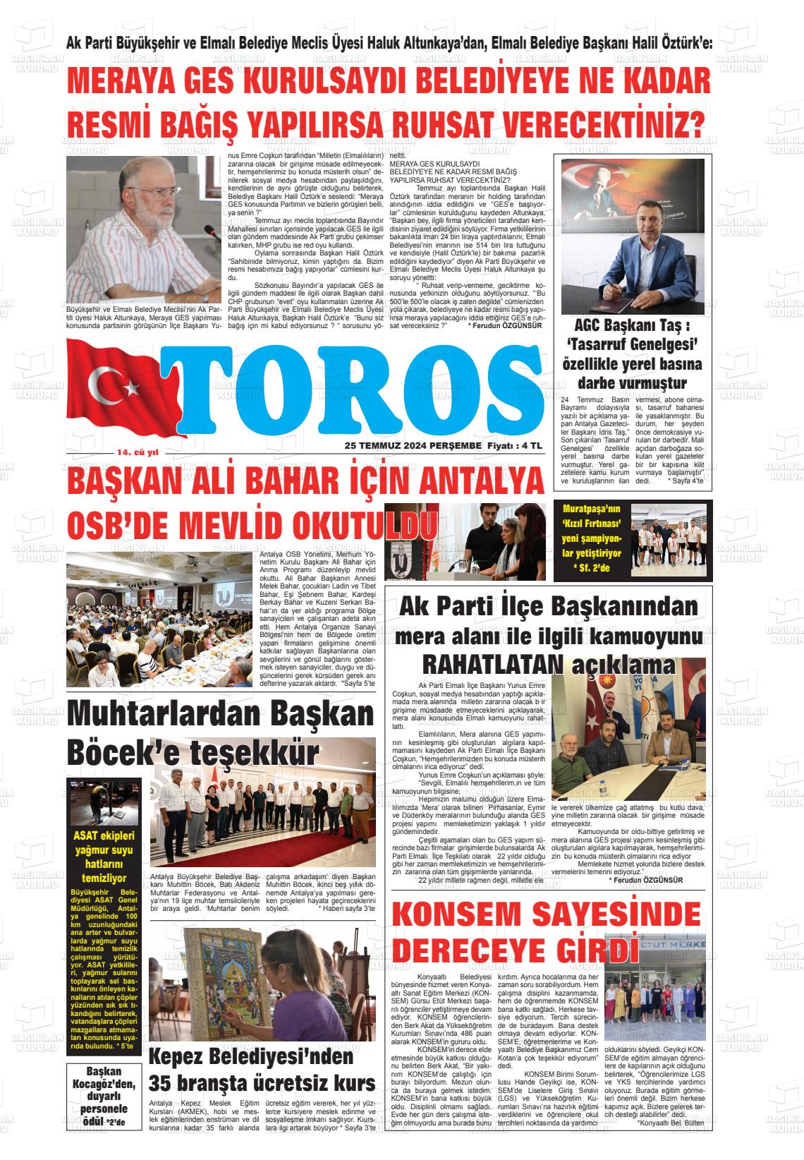 25 Temmuz 2024 Antalya Toros Gazete Manşeti