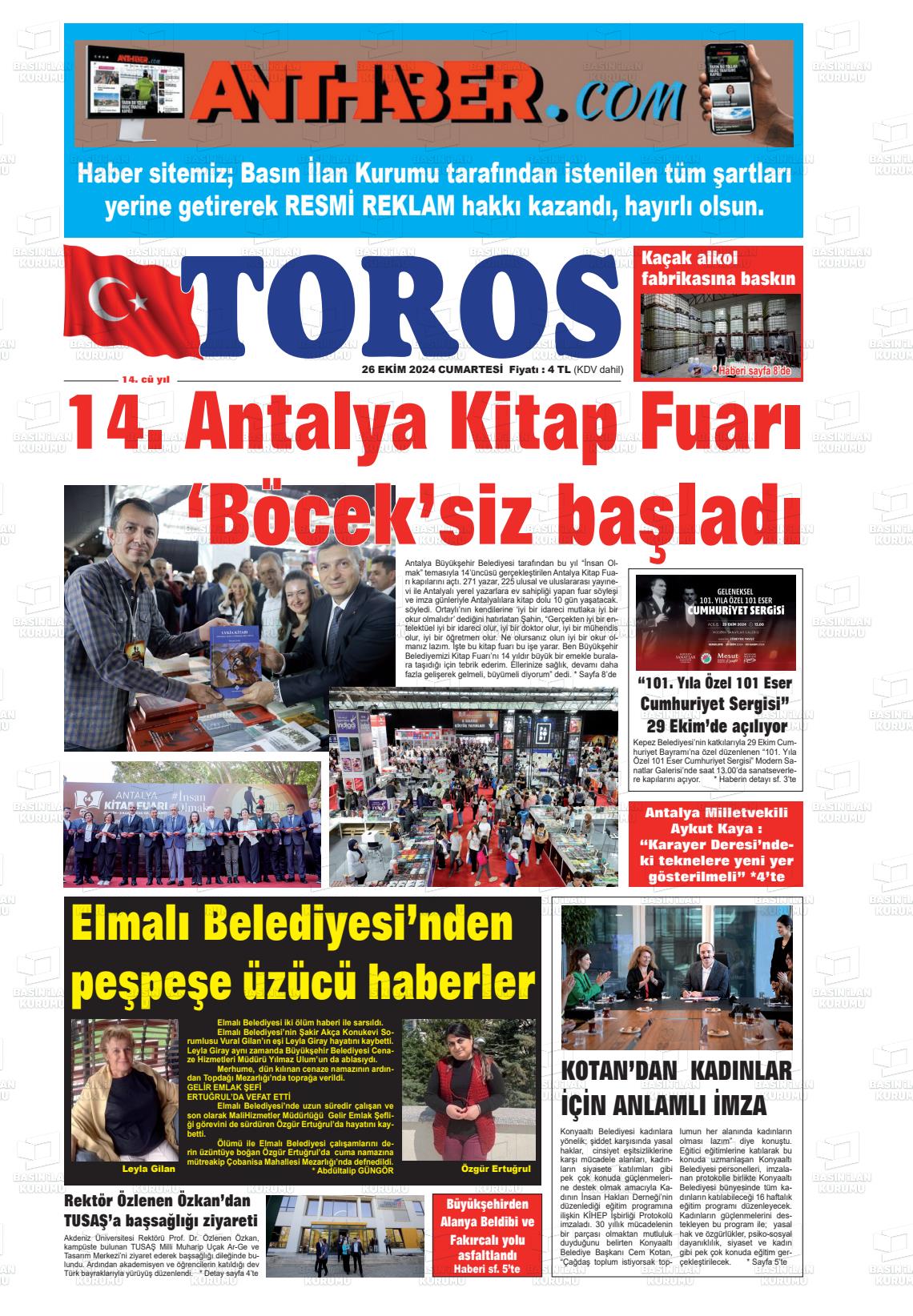 26 Ekim 2024 Antalya Toros Gazete Manşeti