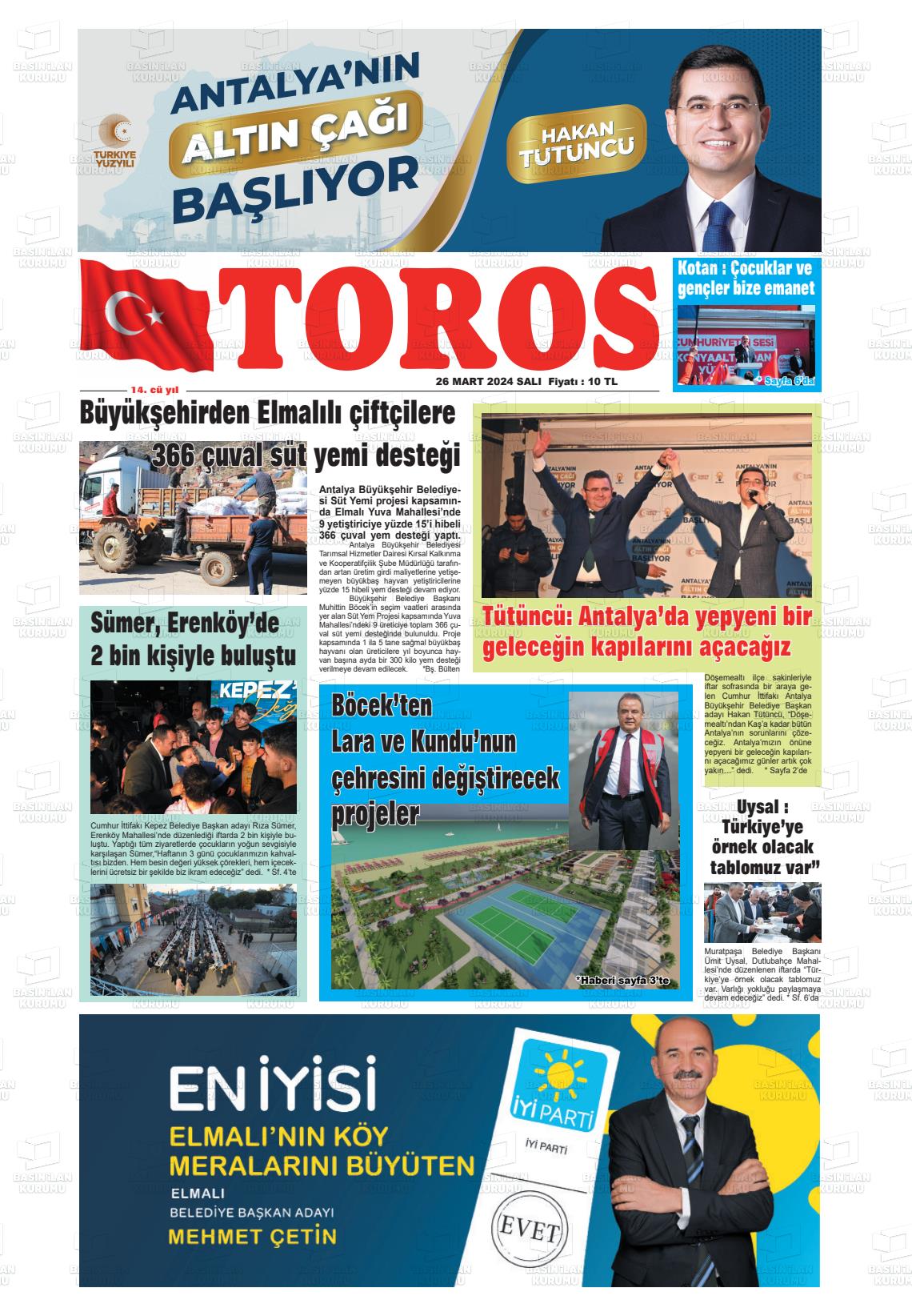 26 Mart 2024 Antalya Toros Gazete Manşeti