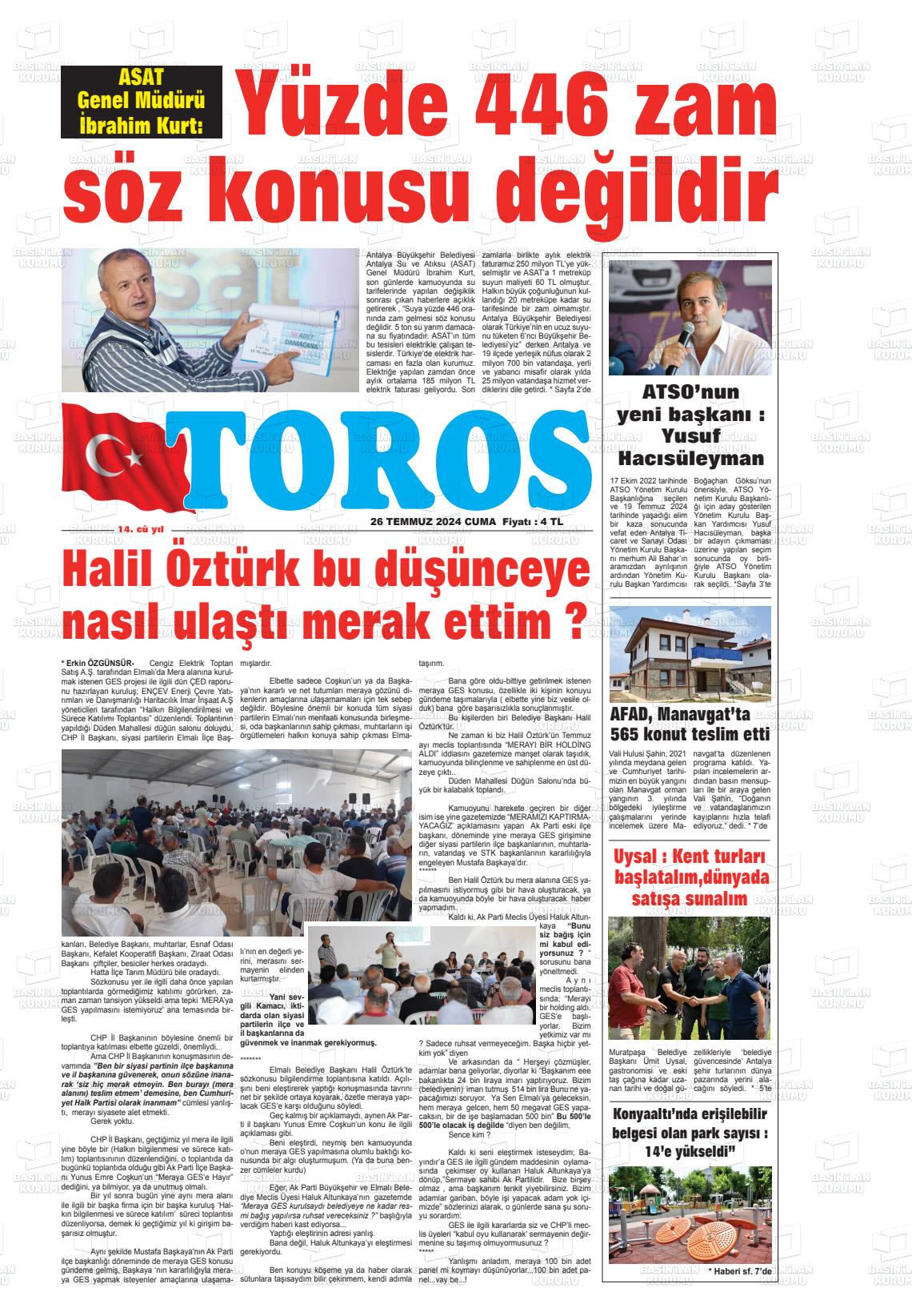 26 Temmuz 2024 Antalya Toros Gazete Manşeti