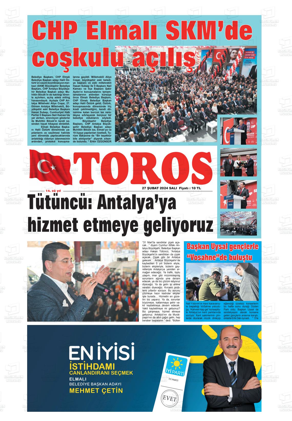 27 Şubat 2024 Antalya Toros Gazete Manşeti