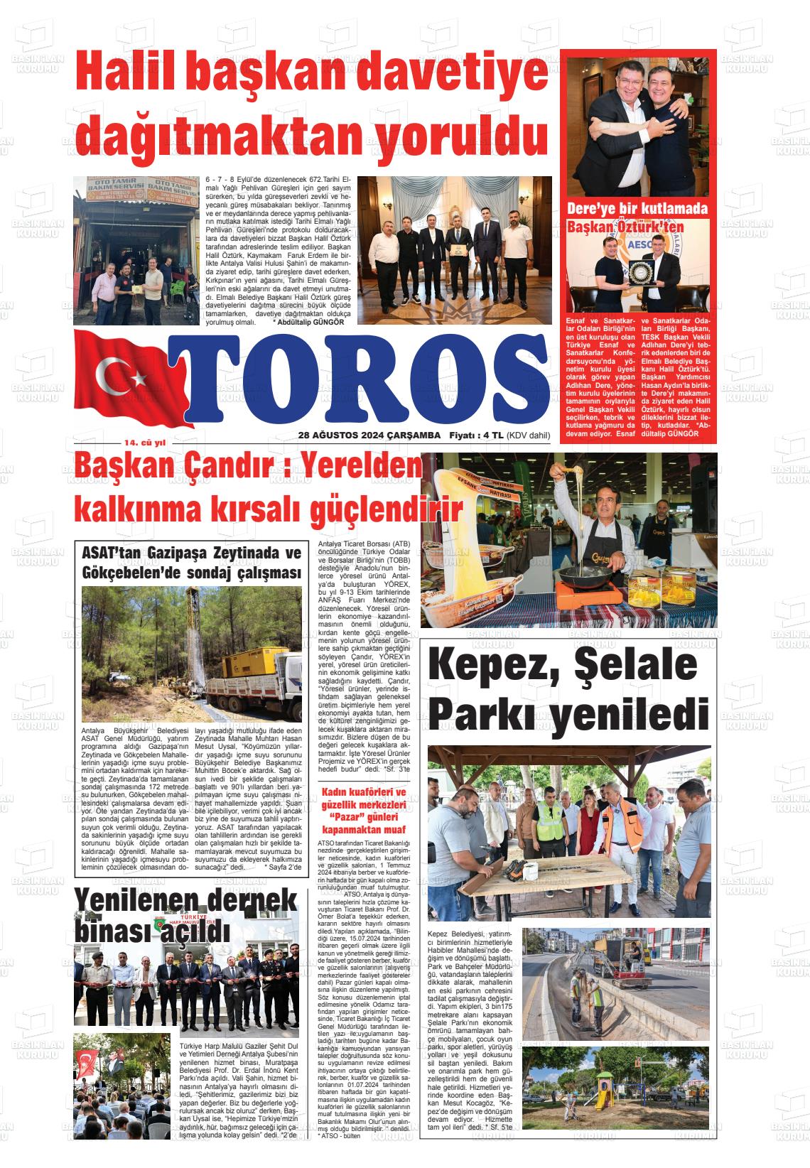 28 Ağustos 2024 Antalya Toros Gazete Manşeti