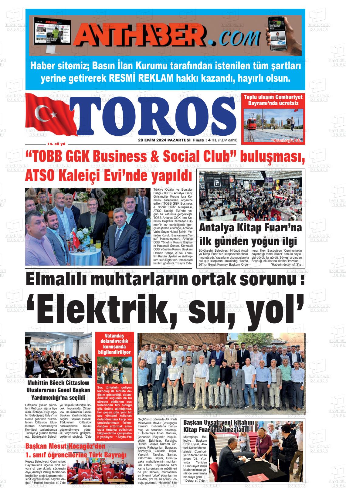 28 Ekim 2024 Antalya Toros Gazete Manşeti