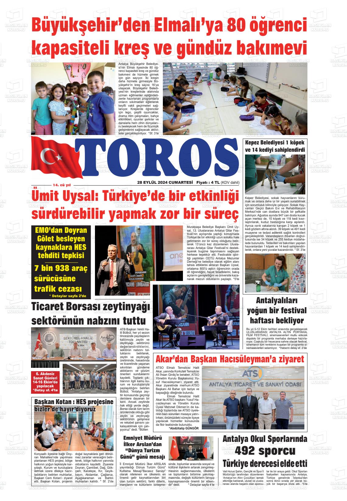 28 Eylül 2024 Antalya Toros Gazete Manşeti