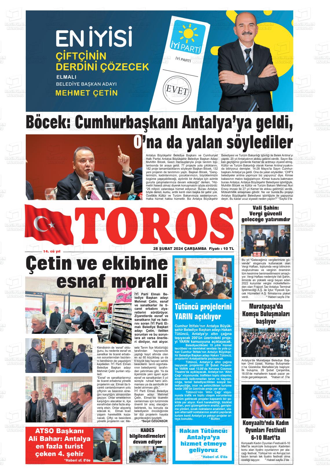 28 Şubat 2024 Antalya Toros Gazete Manşeti