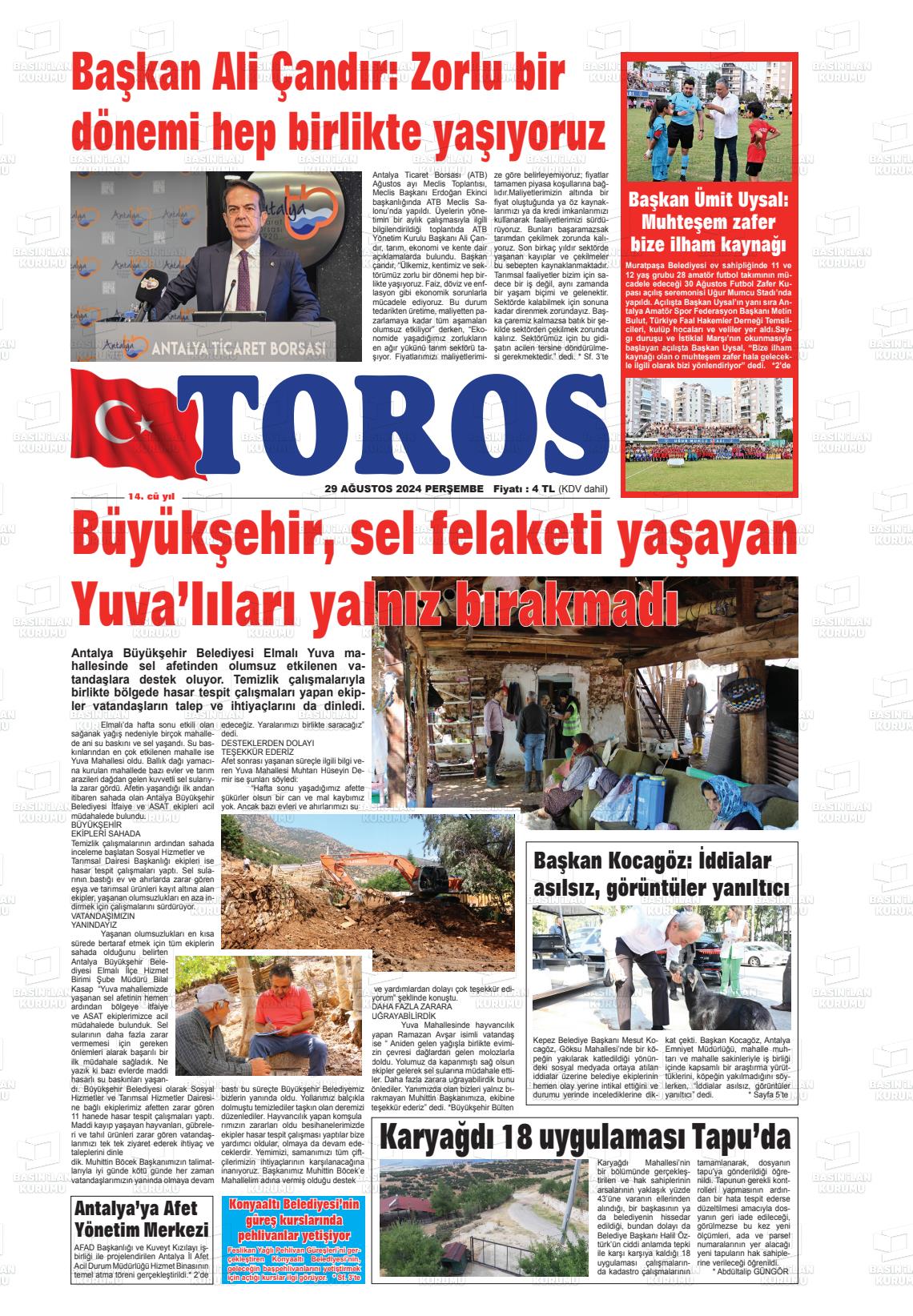 29 Ağustos 2024 Antalya Toros Gazete Manşeti