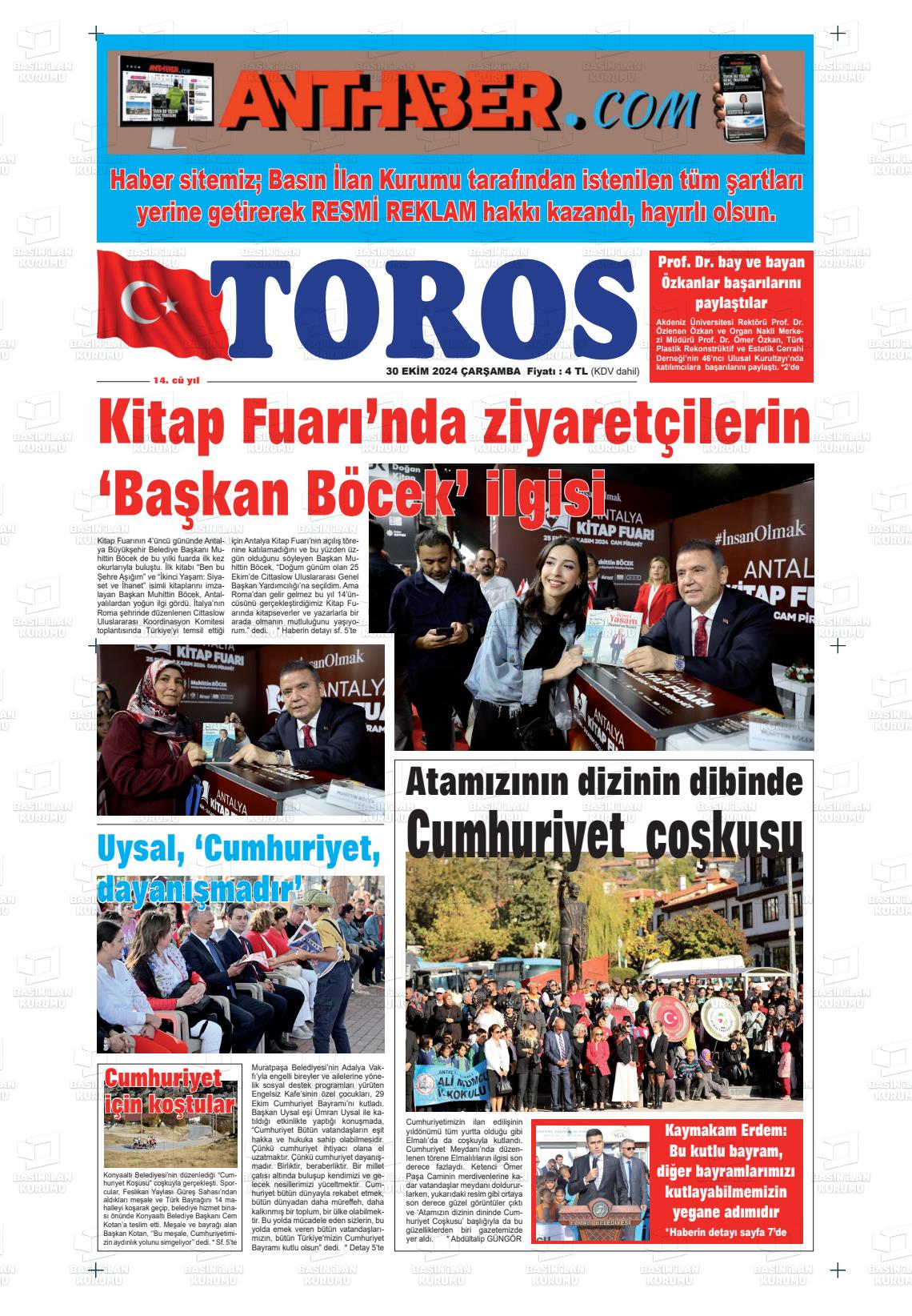 30 Ekim 2024 Antalya Toros Gazete Manşeti