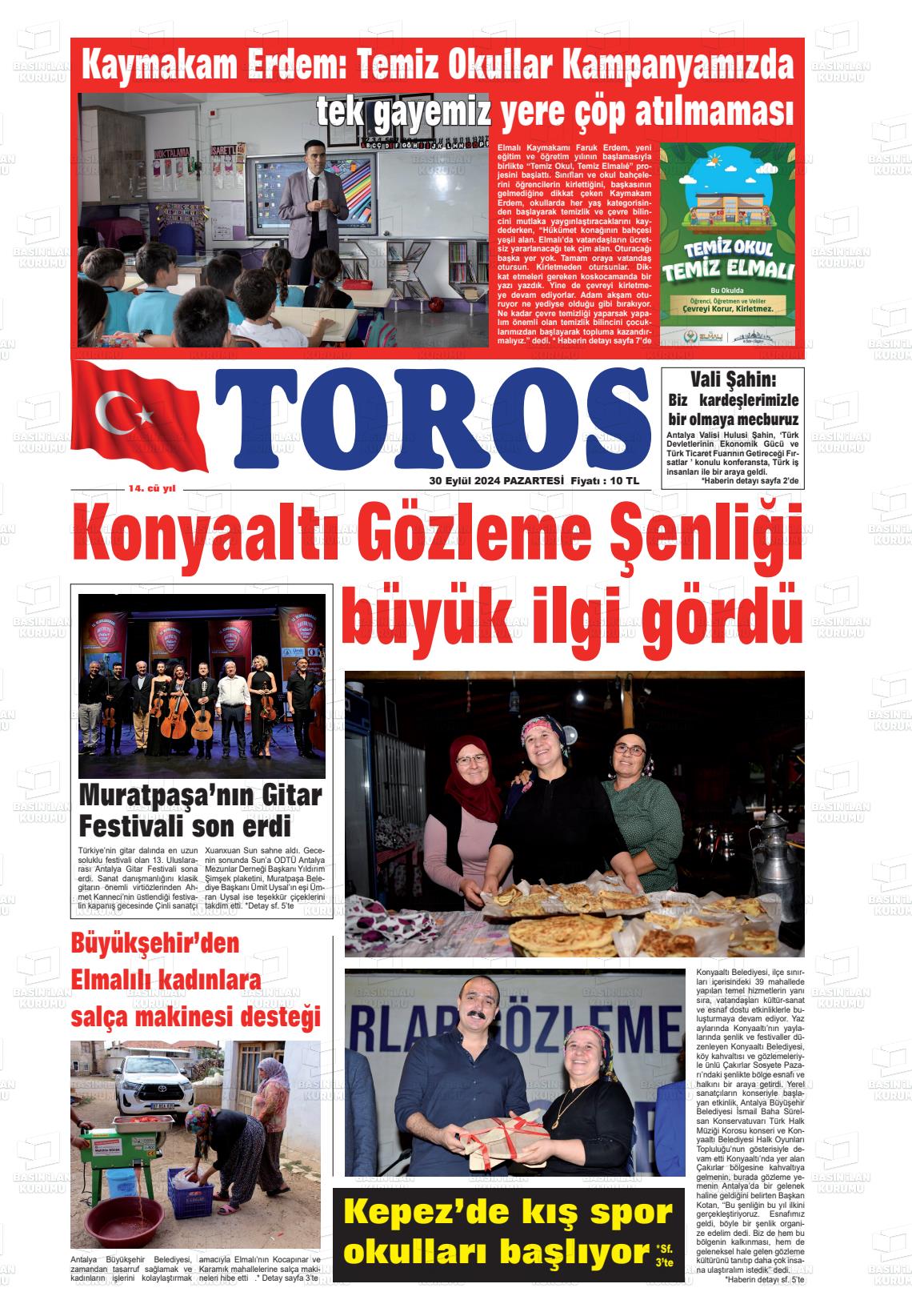 30 Eylül 2024 Antalya Toros Gazete Manşeti