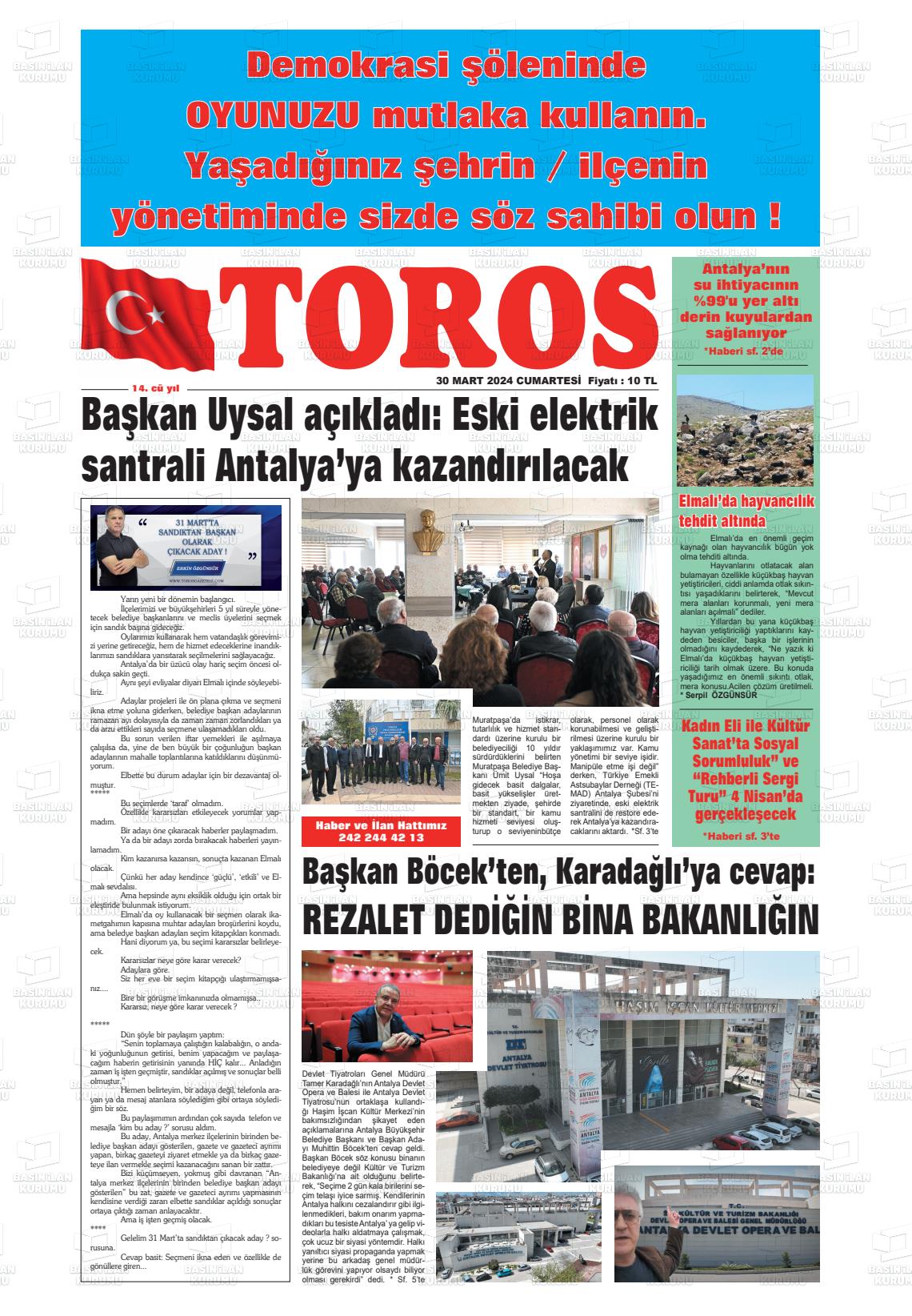 30 Mart 2024 Antalya Toros Gazete Manşeti