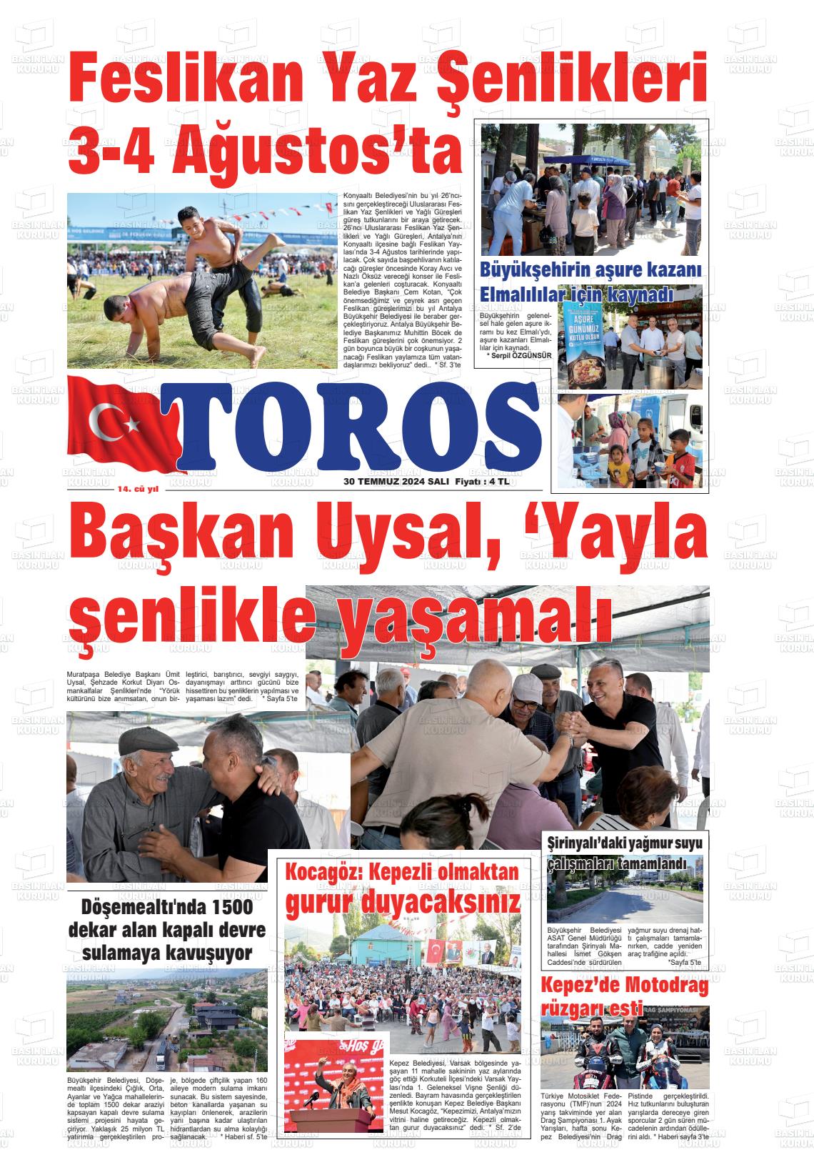 30 Temmuz 2024 Antalya Toros Gazete Manşeti