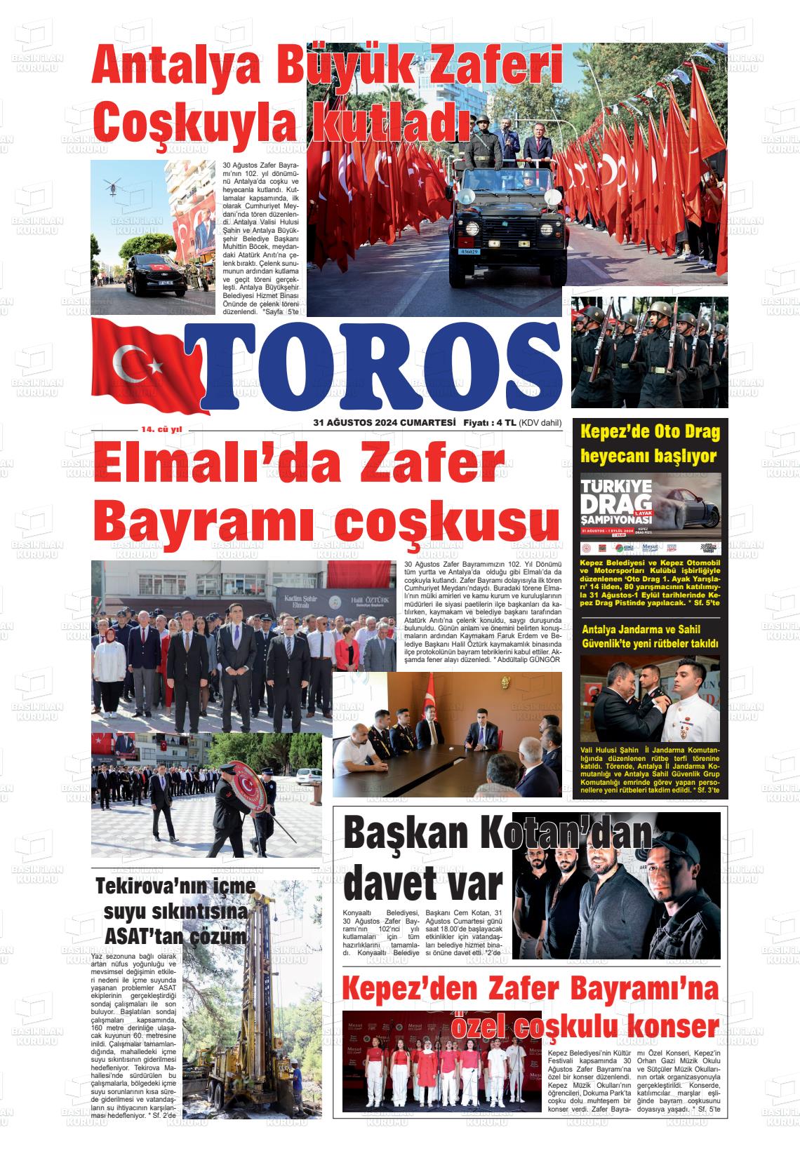 31 Ağustos 2024 Antalya Toros Gazete Manşeti