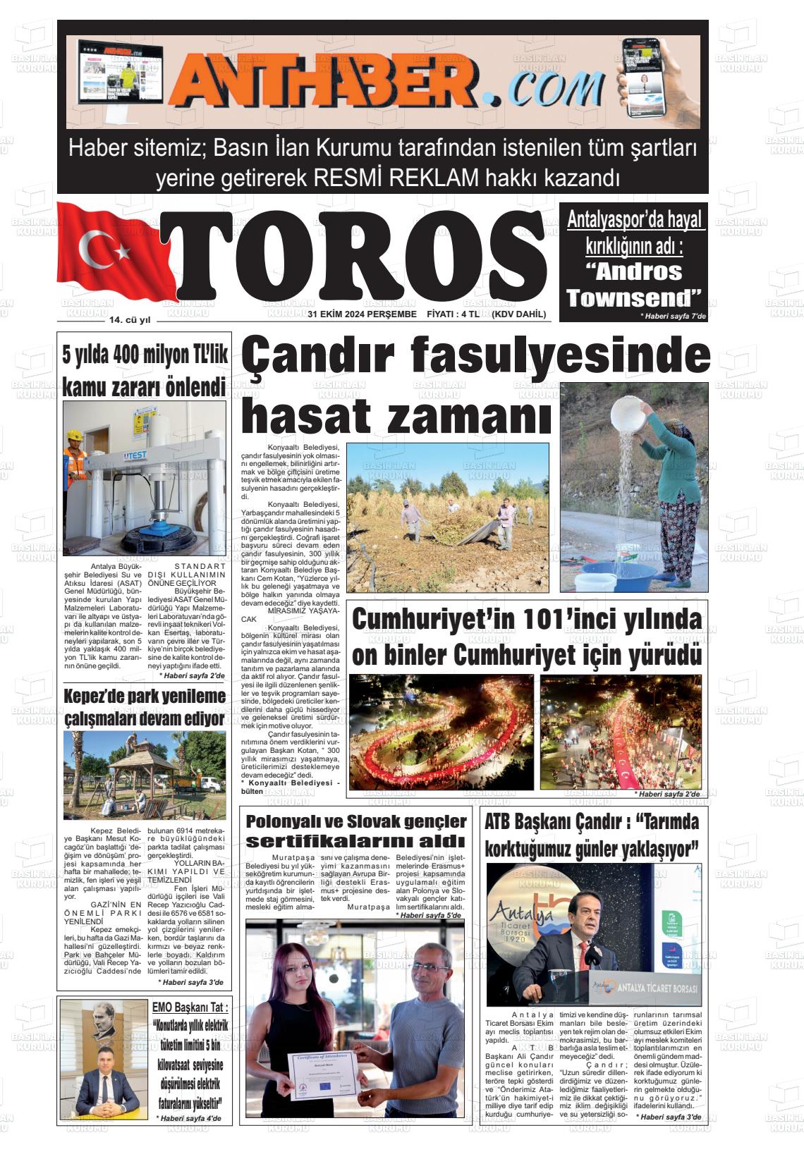 31 Ekim 2024 Antalya Toros Gazete Manşeti