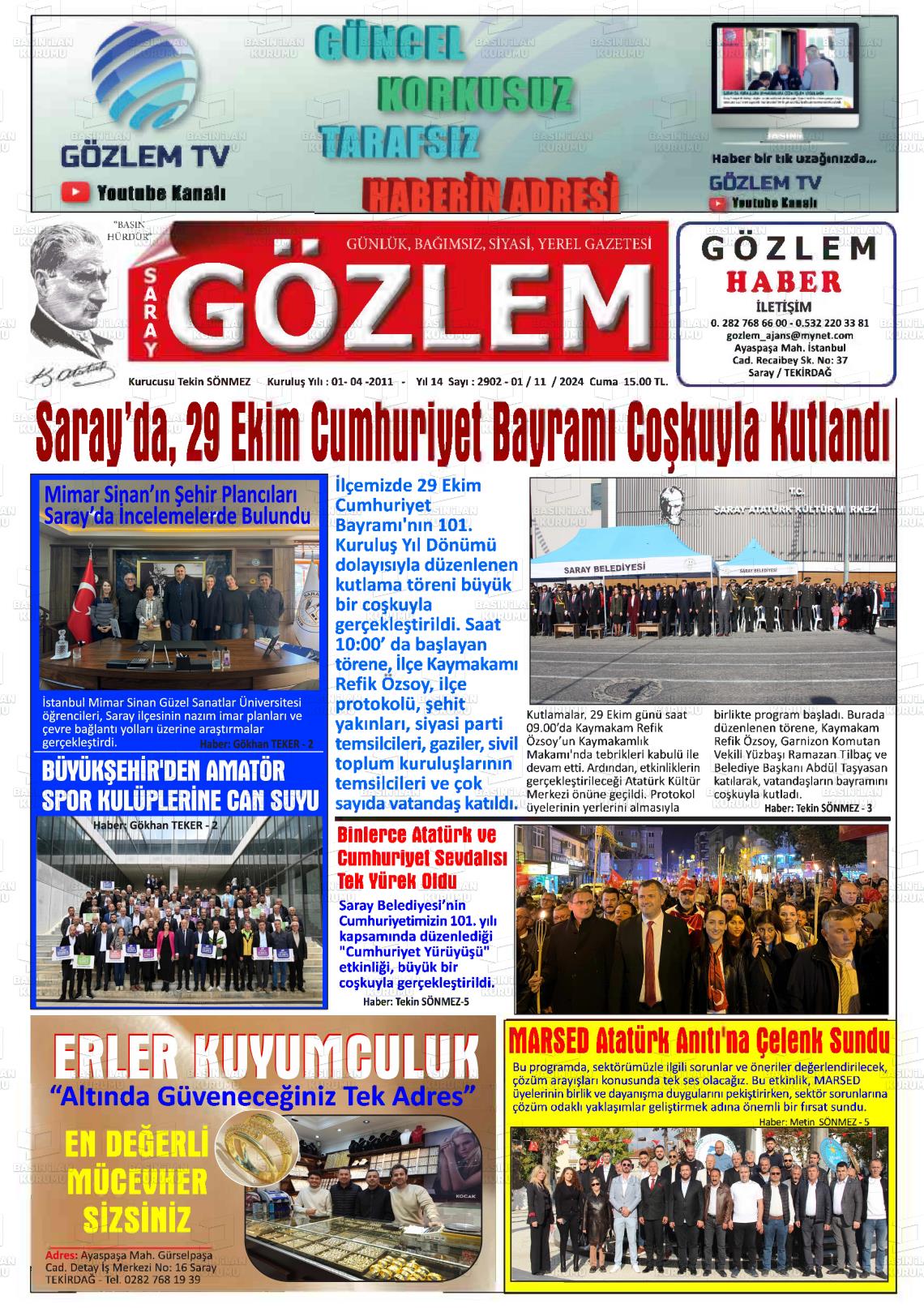 01 Kasım 2024 Saray Gözlem Gazete Manşeti