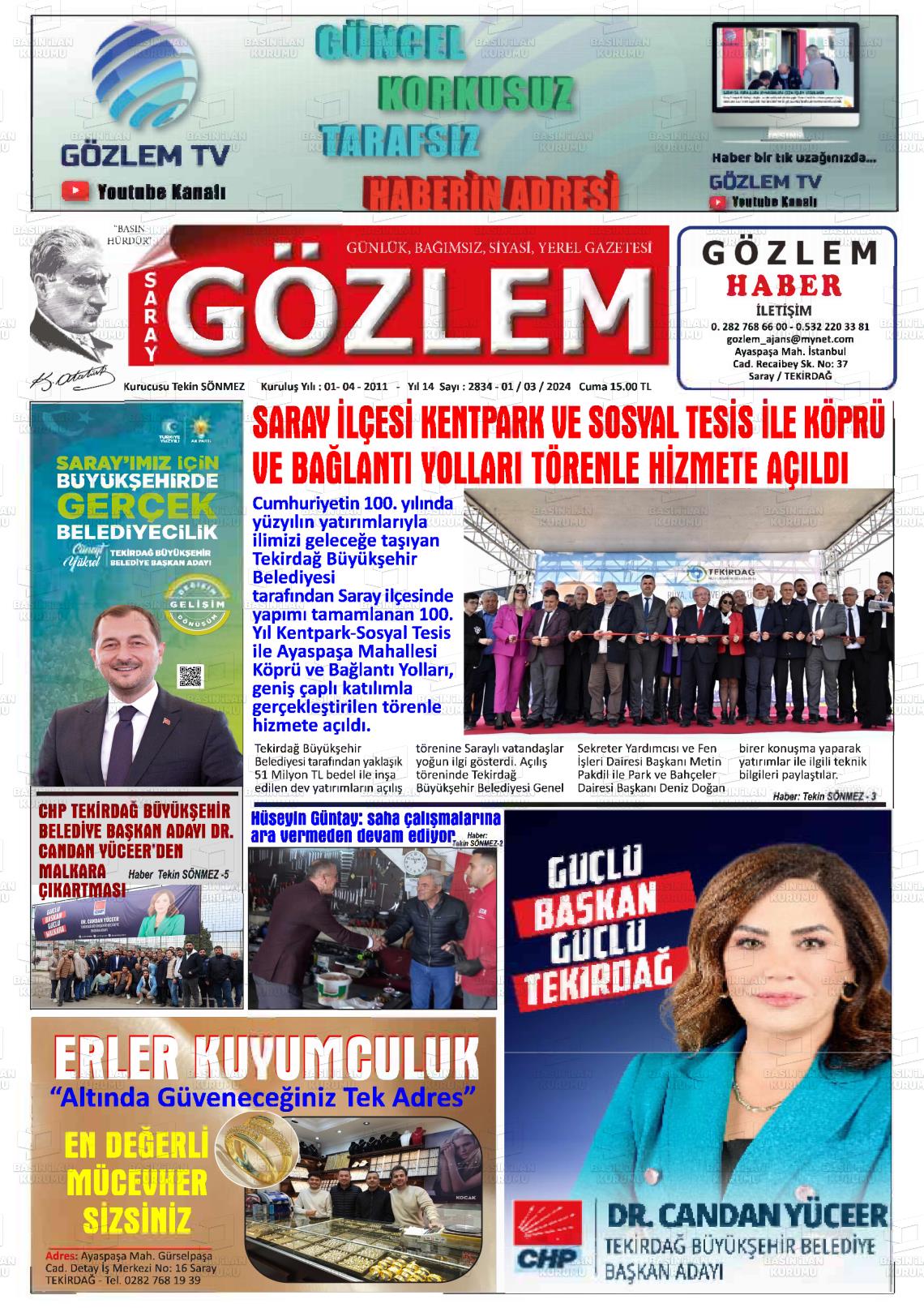 01 Mart 2024 Saray Gözlem Gazete Manşeti