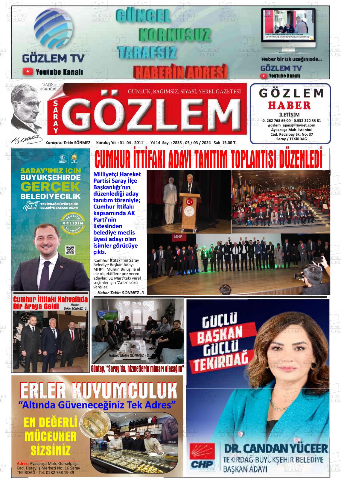 07 Mart 2024 Saray Gözlem Gazete Manşeti