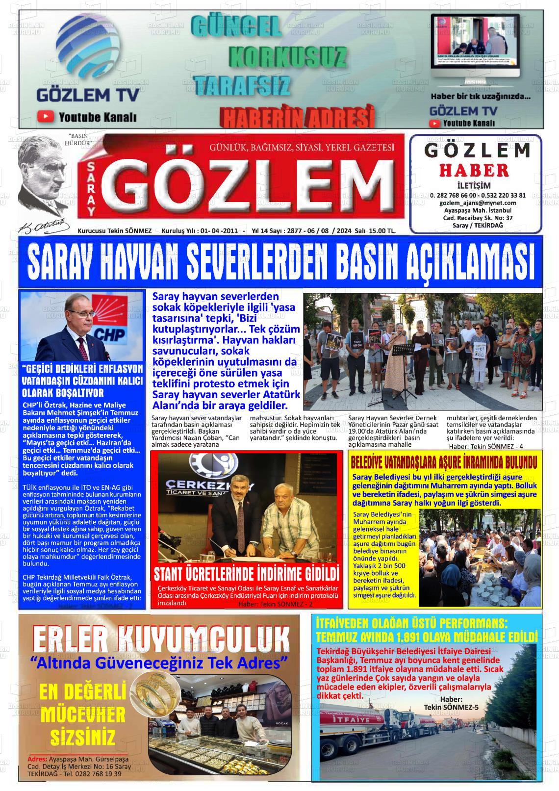 06 Ağustos 2024 Saray Gözlem Gazete Manşeti