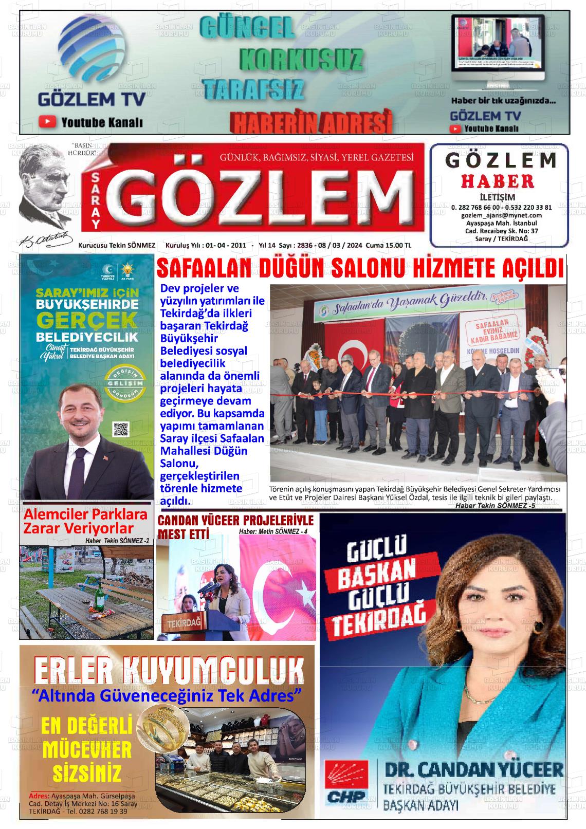 08 Mart 2024 Saray Gözlem Gazete Manşeti